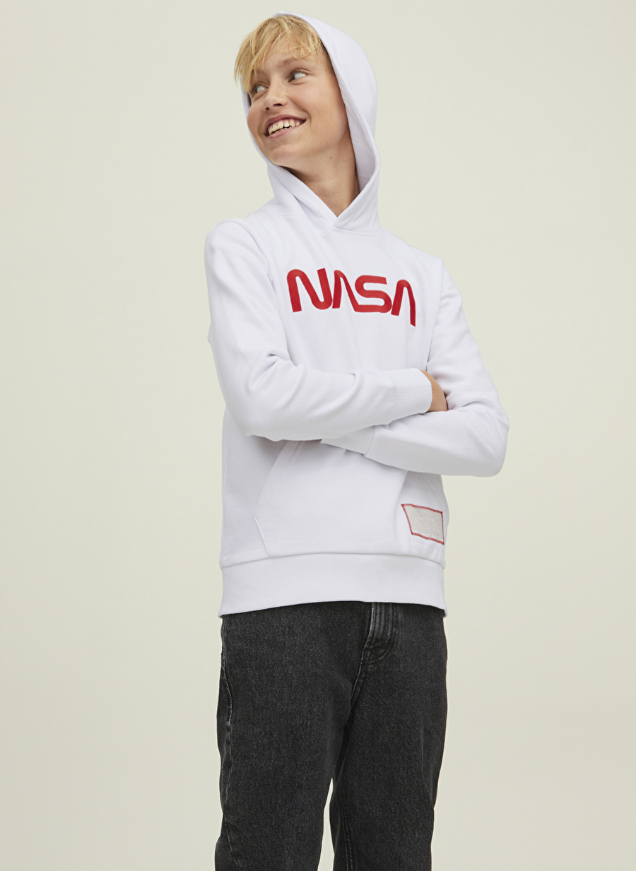 Jack & Jones Beyaz Erkek Çocuk Kapüşonlu Uzun Kollu Baskılı Sweatshirt JCONASA LOGO SWEAT HOOD JNR