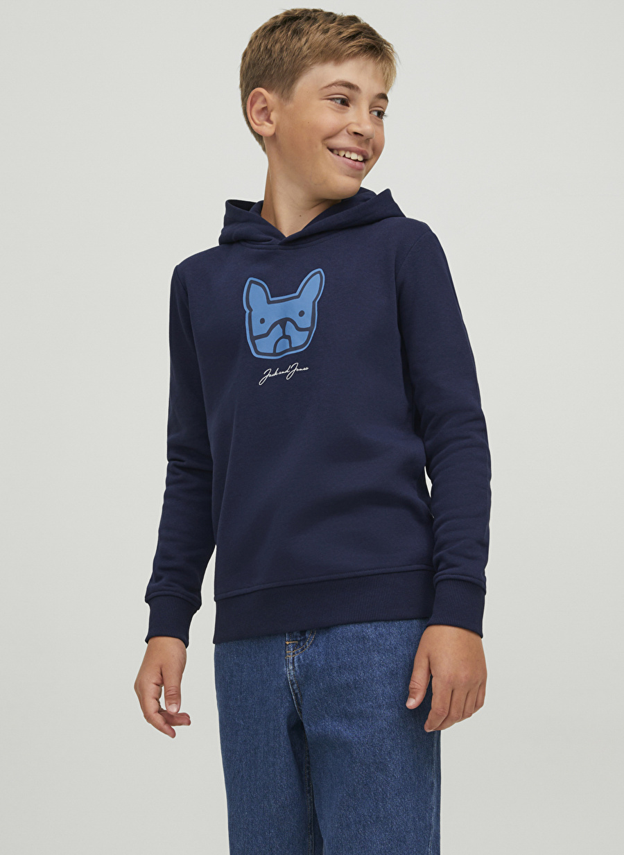 Jack & Jones Lacivert Erkek Çocuk Kapüşonlu Uzun Kollu Baskılı Sweatshirt JORCOMRADE SWEAT HOOD FST LN JNR