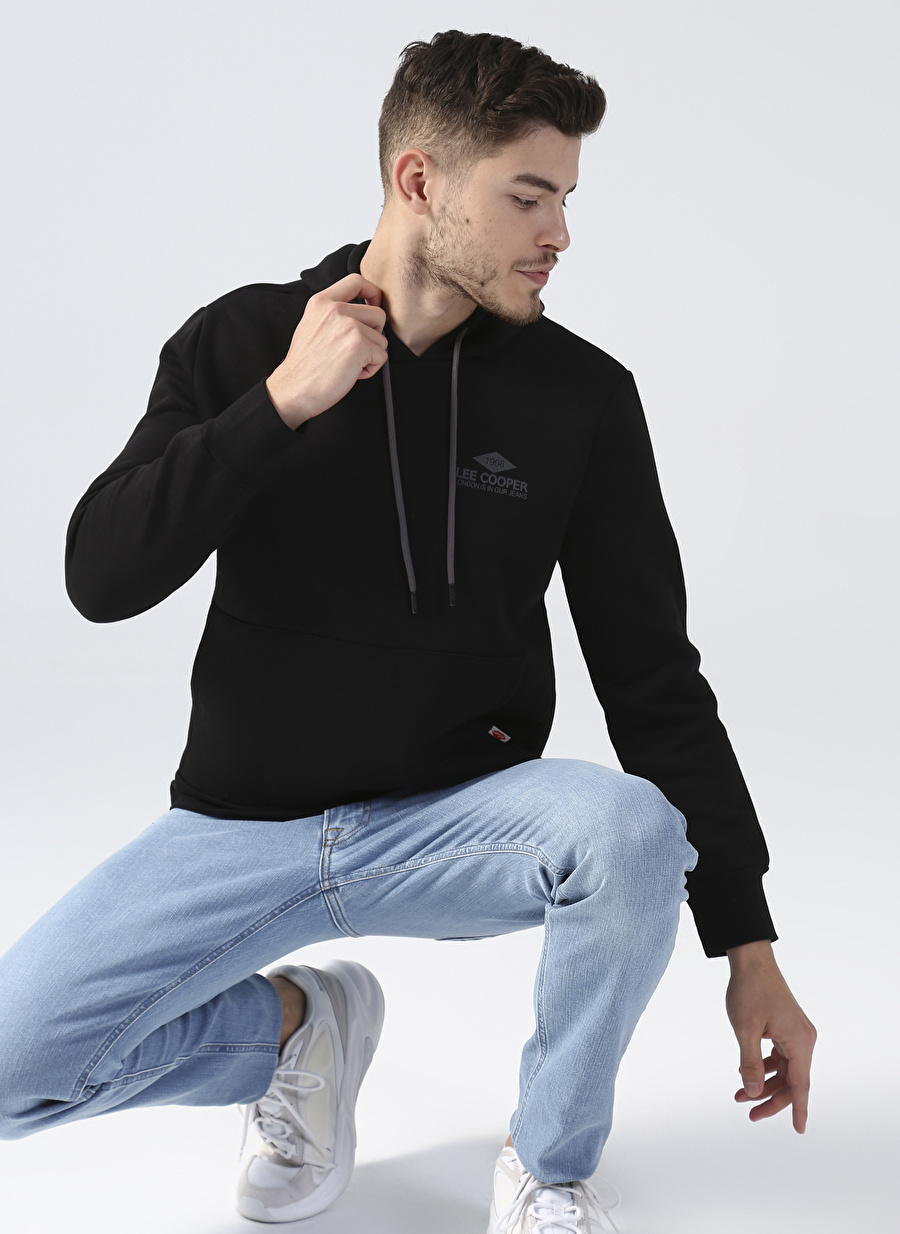 Lee Cooper Kapüşonlu Regular Fit Baskılı Siyah Erkek Şardonlu Sweatshirt 231 LCM 241013 FABIAN