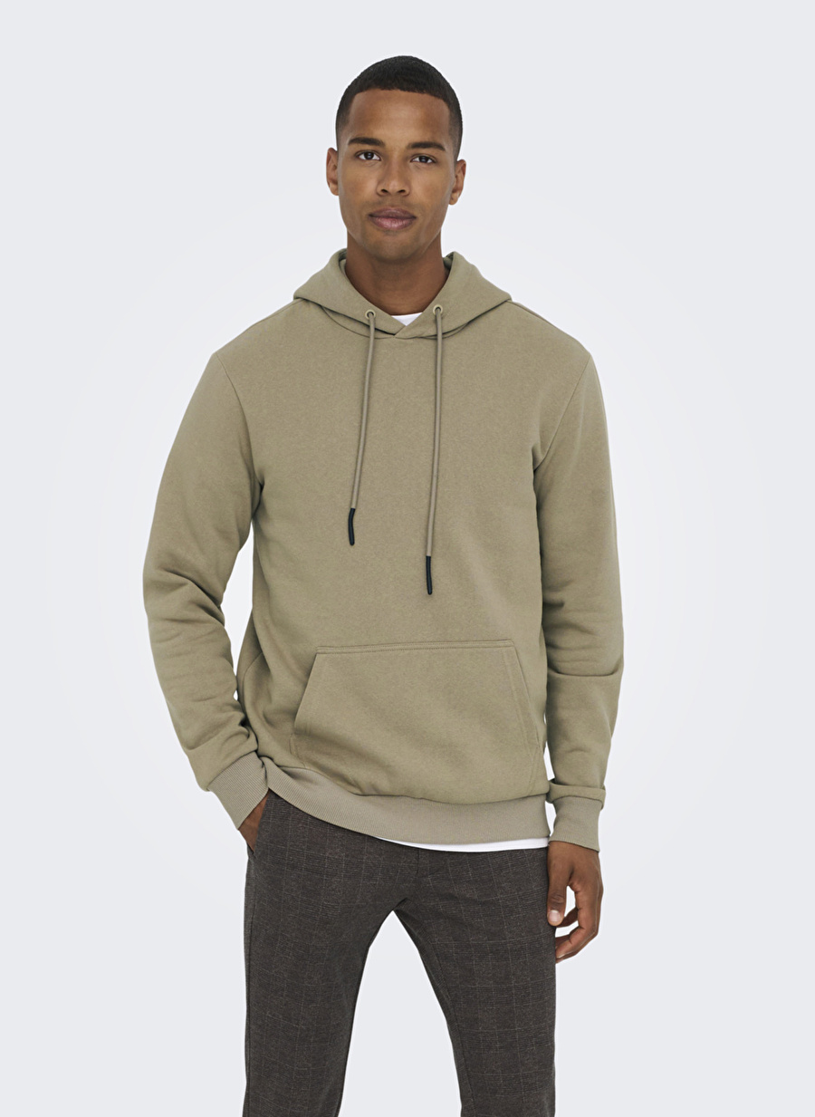 Only & Sons   Düz Açık Kahve Erkek Şardonlu Sweatshirt ONSCERES HOODIE SWEAT NOOS