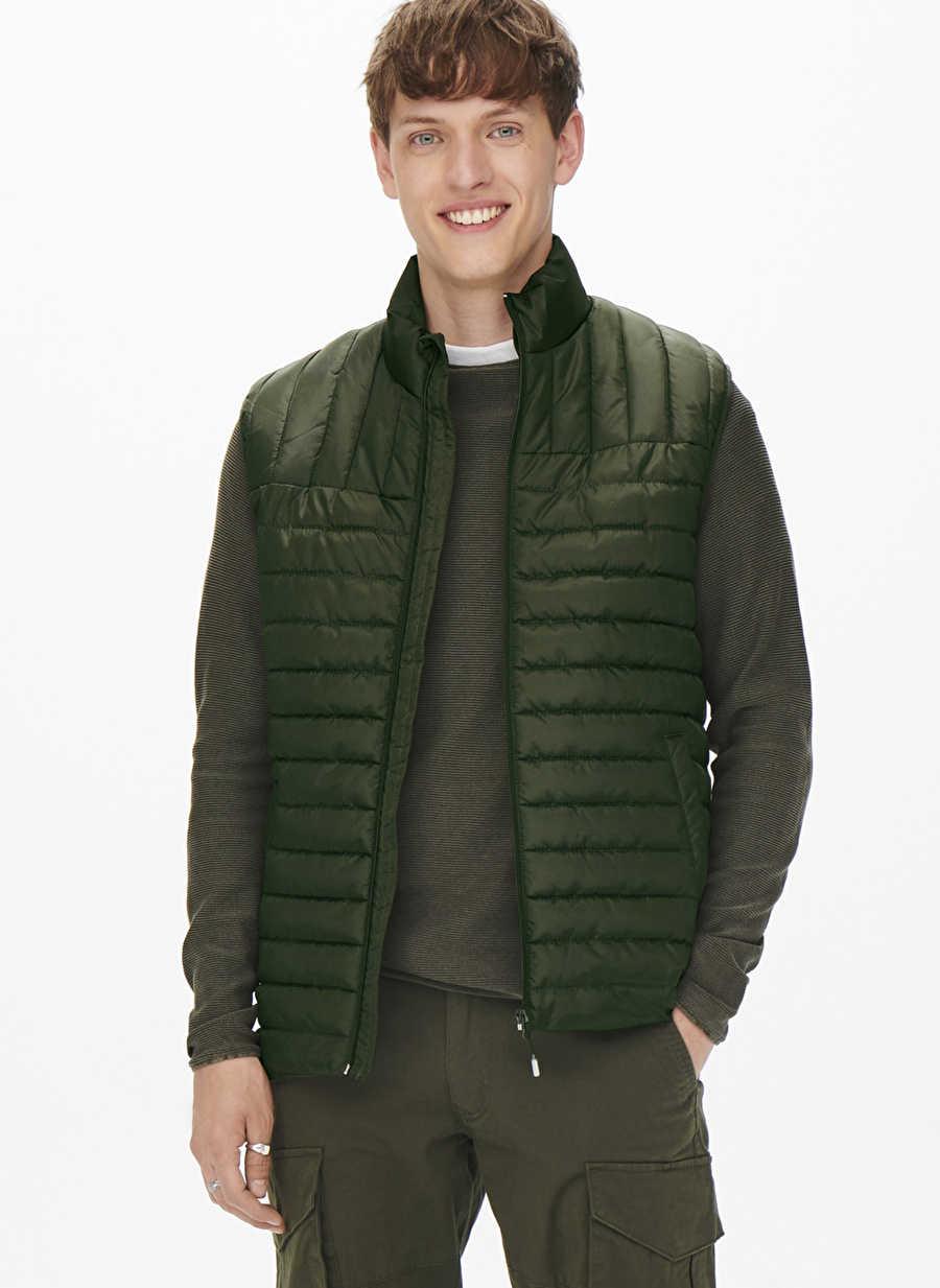 Only & Sons Yeşil Dik Yaka Erkek Kapitone Şişme Yelek ONSPIET QUILTED VEST OTW VD