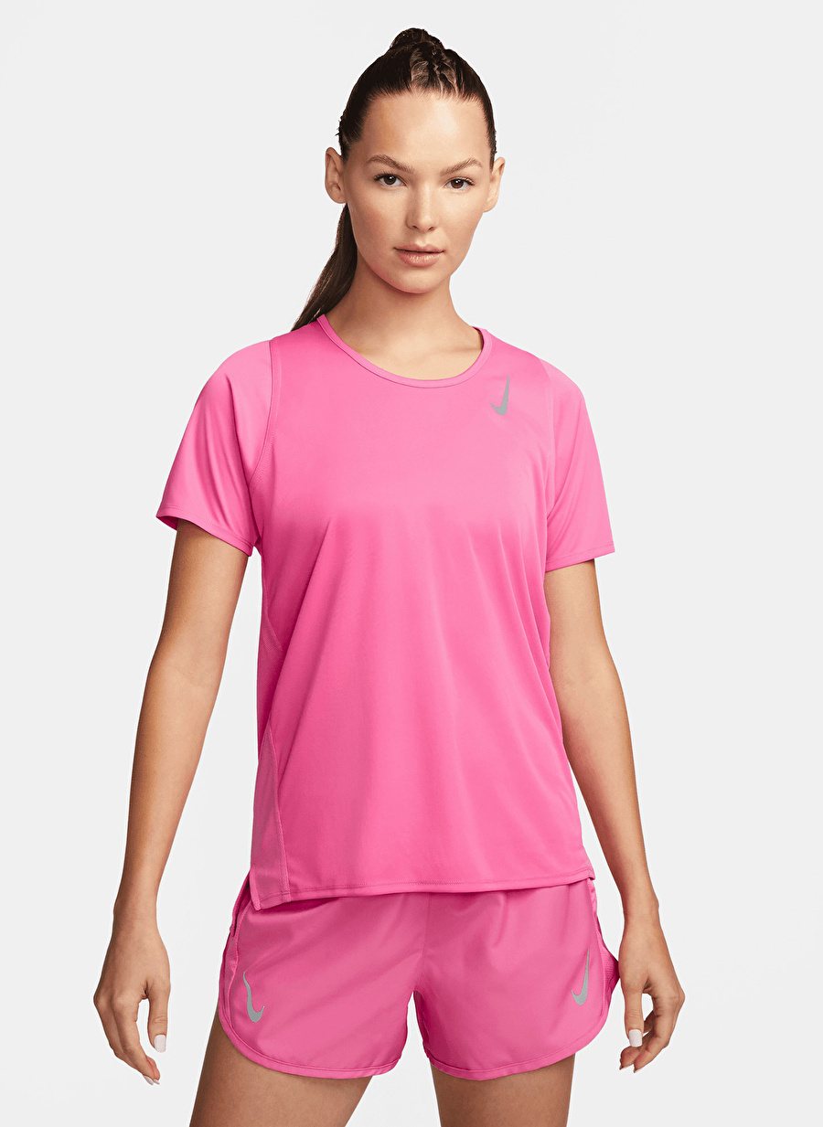 Nike Bisiklet Yaka Düz Kırmızı - Pembe Kadın T-Shirt DD5927-684 W NK DF RACE TOP SS