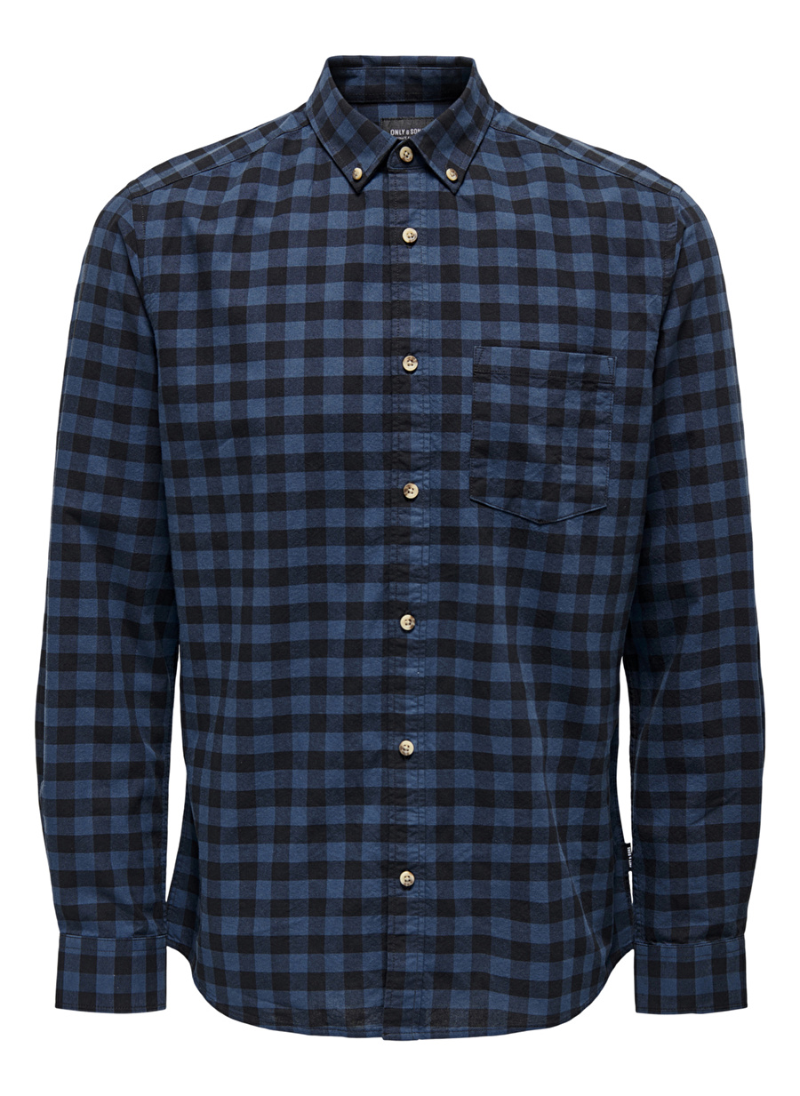 Only & Sons Normal Kareli Koyu Mavi Erkek Gömlek ONSWALVARO LS CHECK OXFORD SHIRT CS