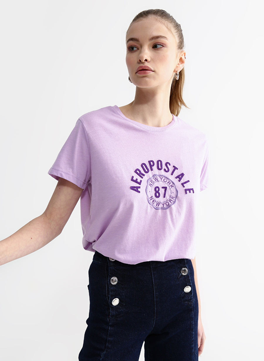 Aeropostale Bisiklet Yaka Nakışlı Lila Kadın T-Shirt K-6151