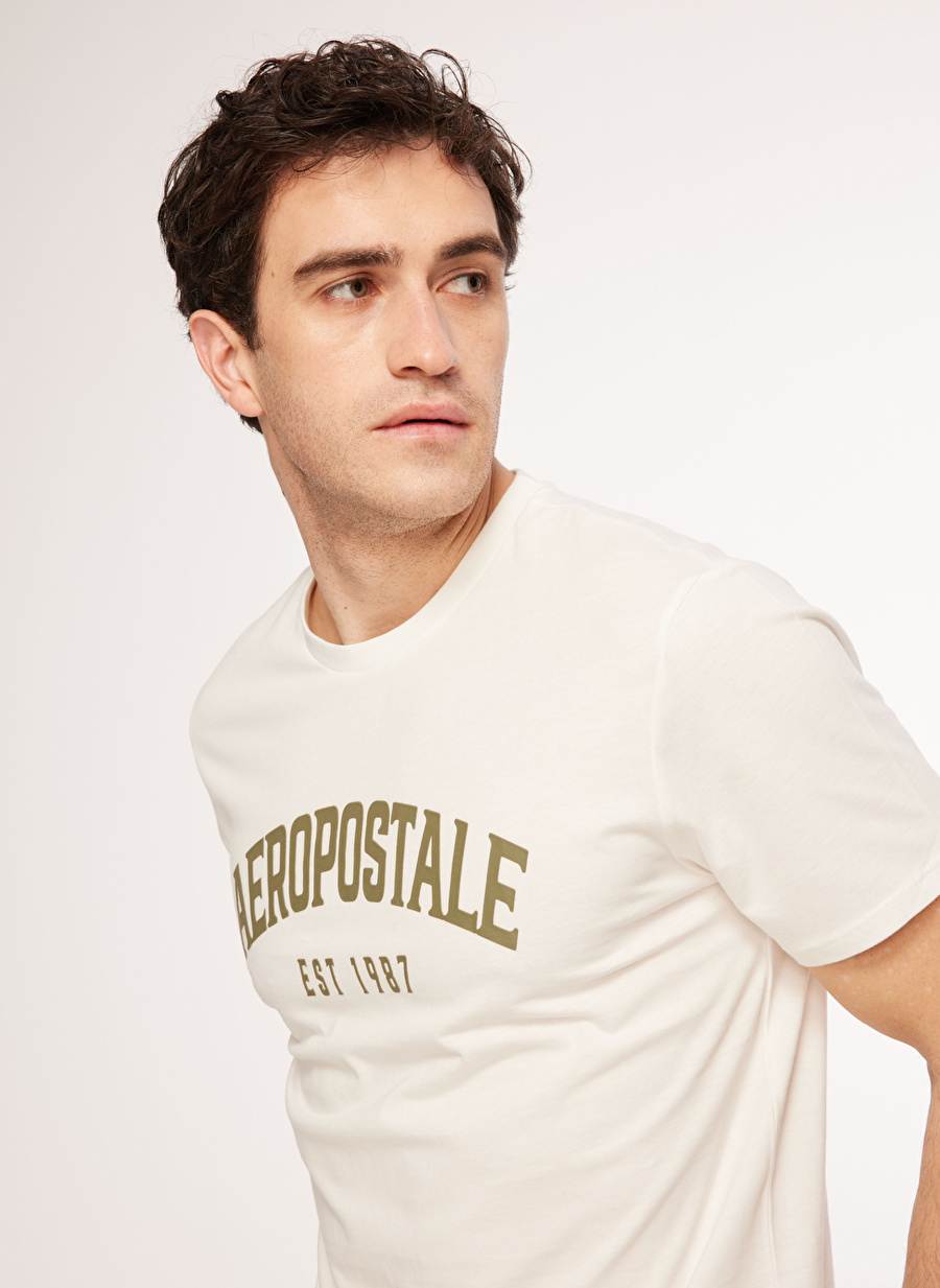 Aeropostale Bisiklet Yaka Baskılı Kırık Beyaz Erkek T-Shirt E-REAL