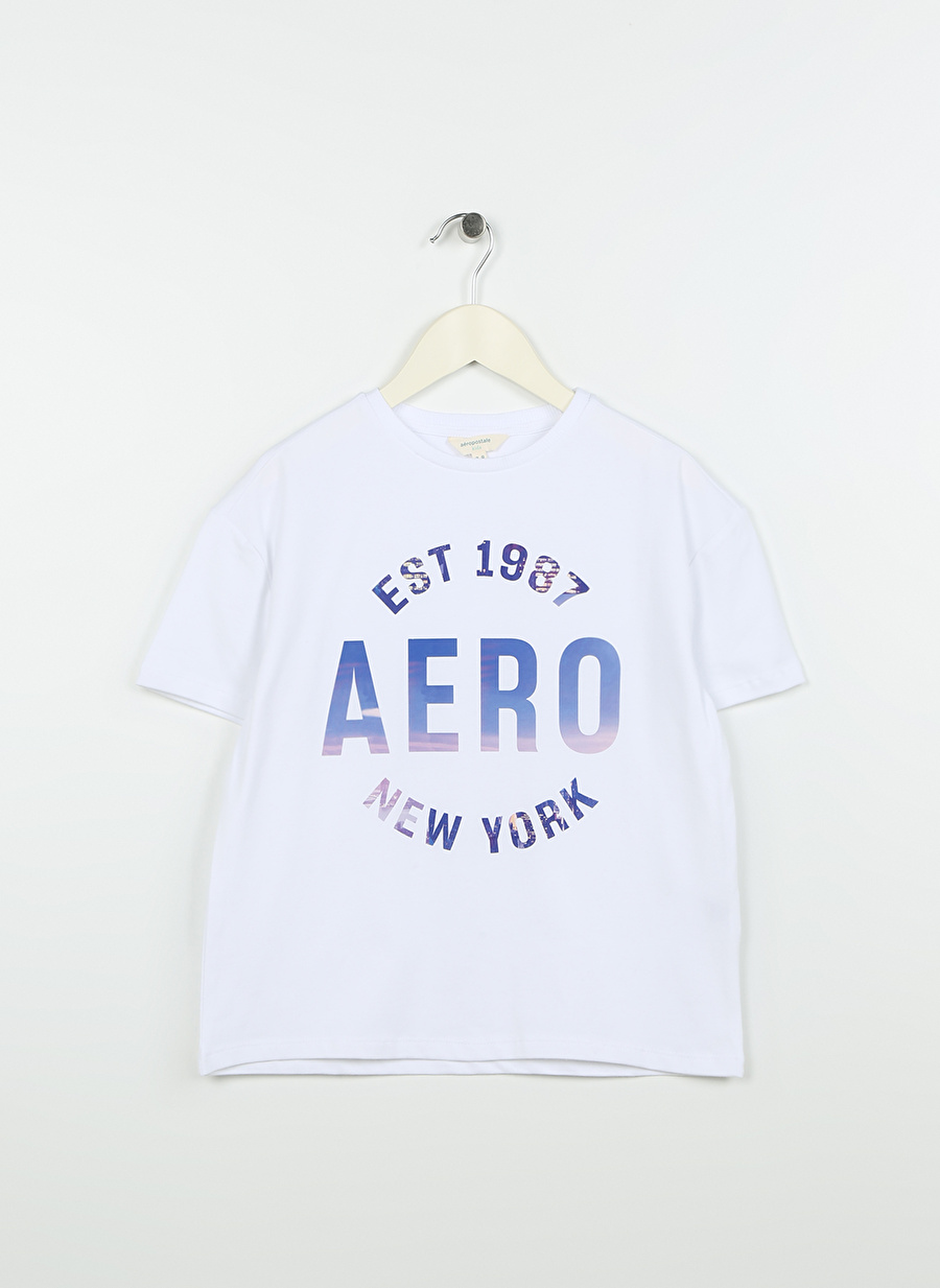 Aeropostale Ekru Kız Çocuk Bisiklet Yaka Düşük Omuz Oversize Baskılı T-Shirt 23SAG-03