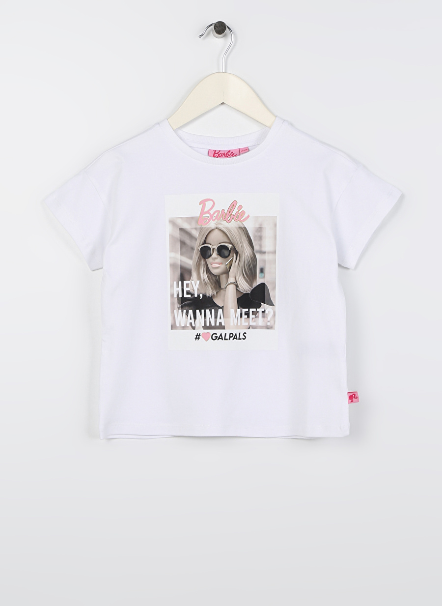 Barbie Ekru Kız Çocuk Bisiklet Yaka Düşük Omuz Oversize Baskılı T-Shirt 23SSB-53