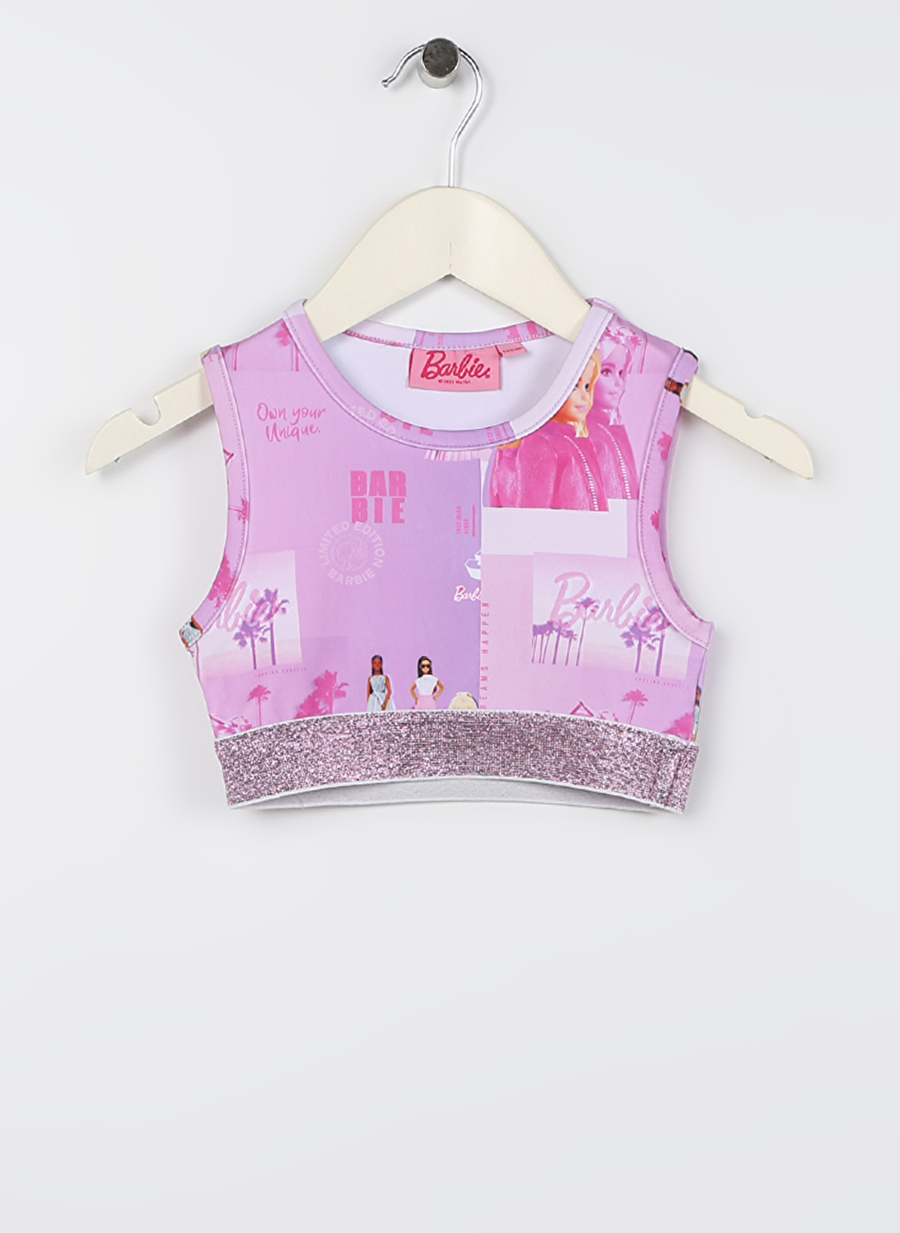 Barbie Çok Renkli Kız Çocuk Bisiklet Yaka Kısa Kollu Crop Top Desenli T-Shirt 23SSB-81