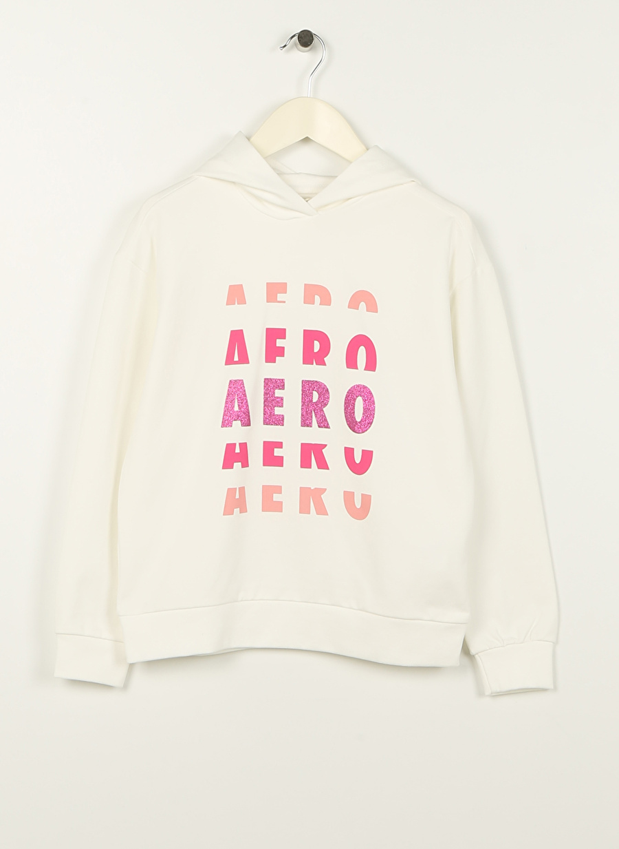 Aeropostale Ekru Kız Çocuk Kapüşonlu Düşük Omuz Baskılı Sweatshirt 23SAG-24