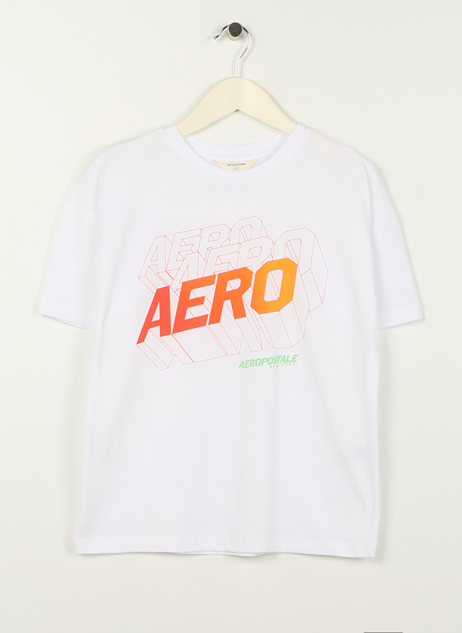 Aeropostale Ekru Erkek Çocuk Bisiklet Yaka Oversize Baskılı T-Shirt 23SAB-37