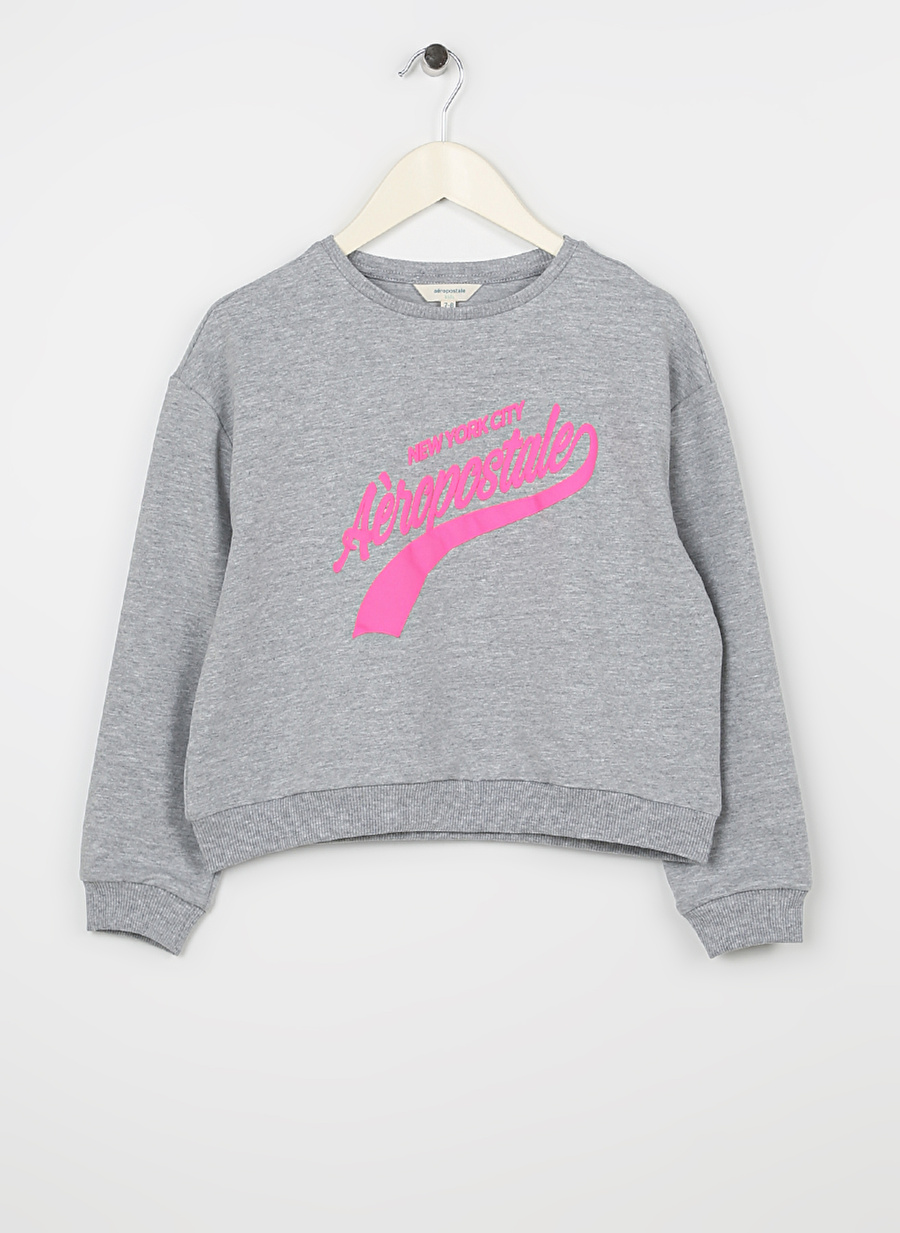 Aeropostale Gri Melanj Kız Çocuk Bisiklet Yaka Uzun Kollu Baskılı Sweatshirt 23SAG-18