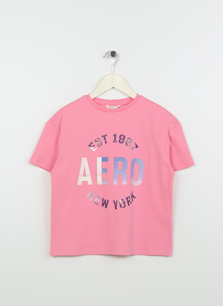 Aeropostale Pembe Kız Çocuk Bisiklet Yaka Düşük Omuz Oversize Baskılı T-Shirt 23SAG-03