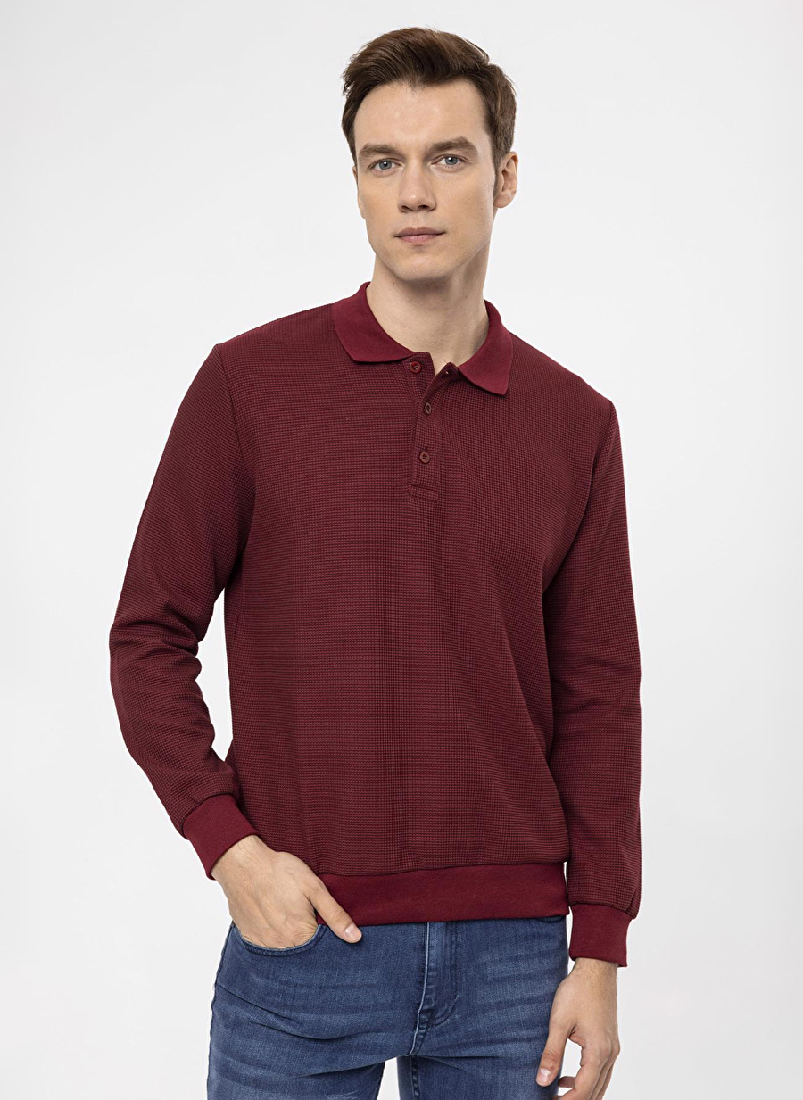 Süvari Polo Yaka Regular Fit Armürlü Koyu Bordo Erkek Kazak TR2013700314