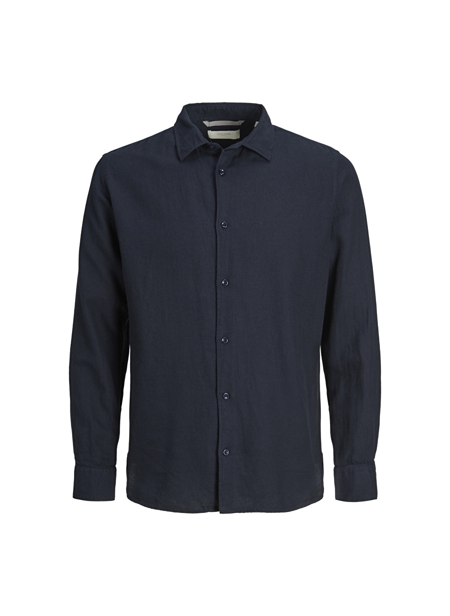 Jack & Jones Dar Lacivert Düz Erkek Gömlek JPRLAYNE LINEN SHIRT L/S