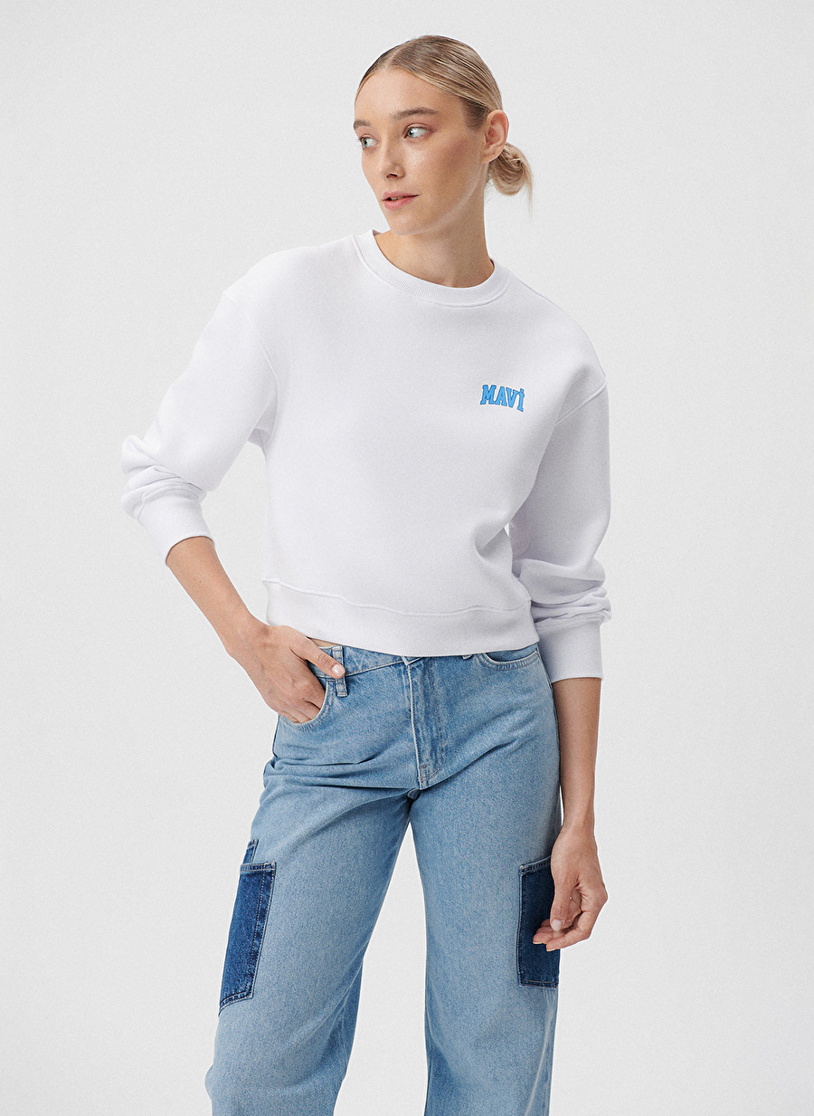 Mavi Yuvarlak Yaka Beyaz Kadın Sweatshırt M1611601-620 LOGO KISA SWEATSHIRT B