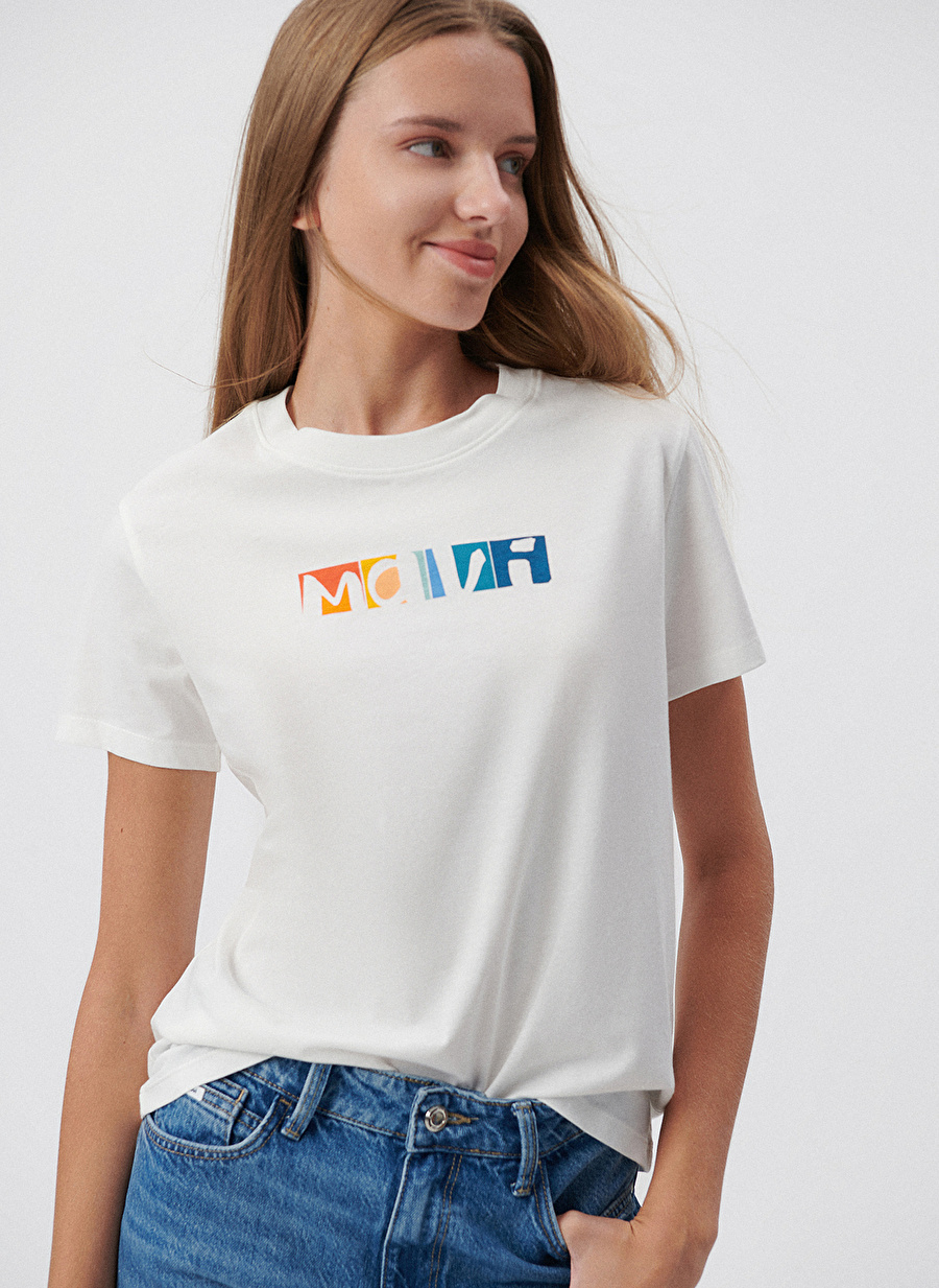 Mavi Yuvarlak Yaka Ekru Kadın T-Shirt M1611482-70057-RENKLİ MAVİ LOGO TİŞ