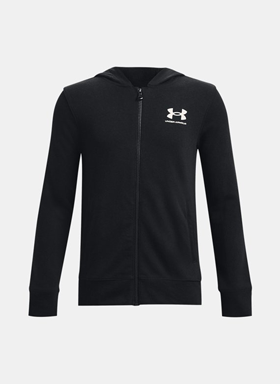 Under Armour Siyah Erkek Çocuk Kapüşonlu Uzun Kollu Bol Kesim Düz Sweatshirt 1377250-001 UA Rival Terry FZ Hoodi