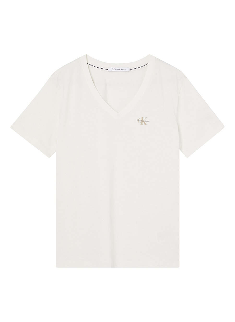 Calvin Klein Jeans V Yaka Blok Desenli Beyaz Kadın T-Shirt J20J220303YBI
