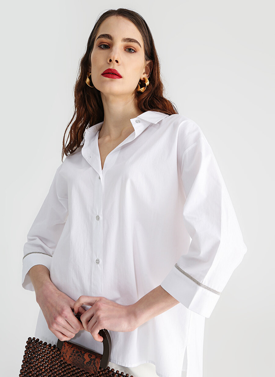 Faik Sönmez Gömlek Yaka Düz Beyaz Kadın Gömlek U66383