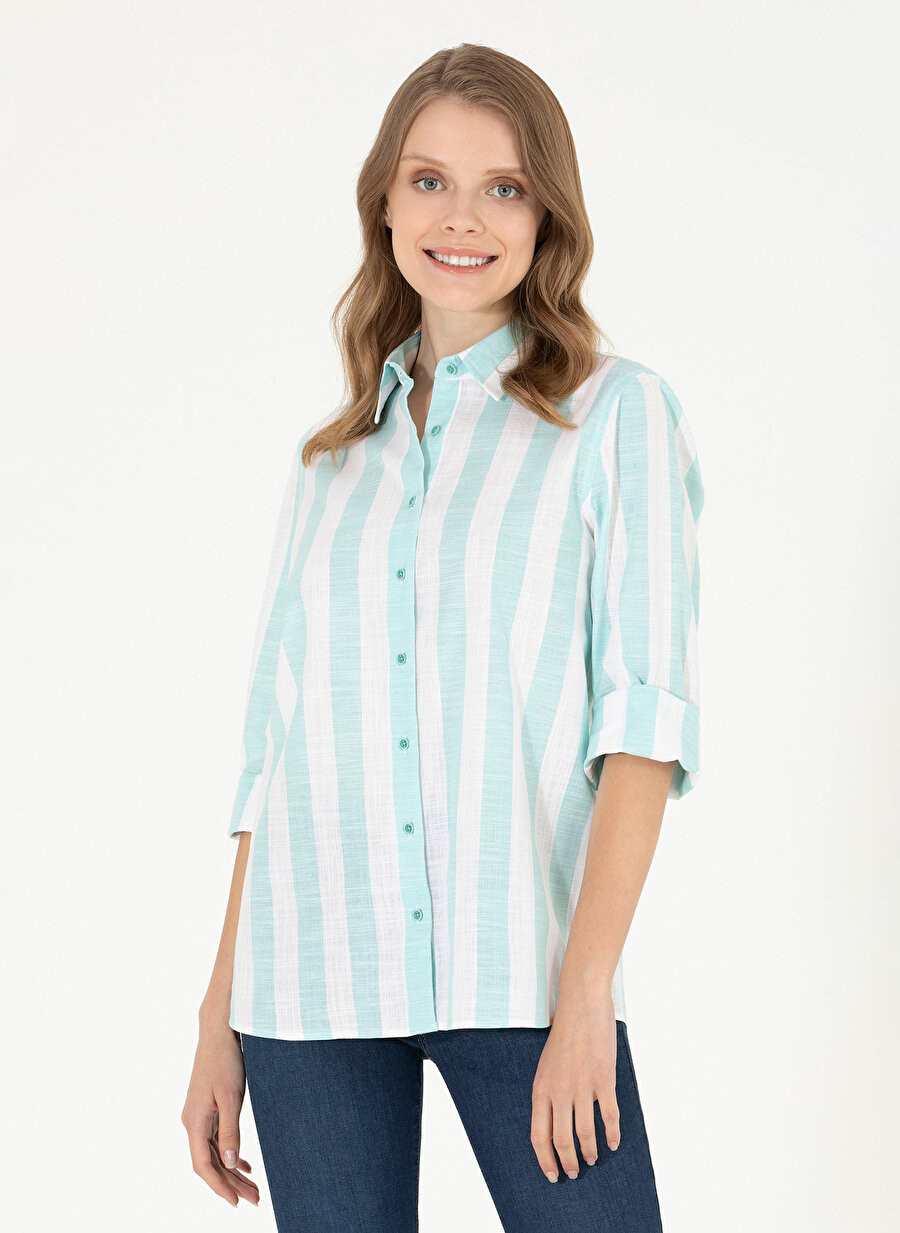 U.S. Polo Assn. Regular Fit Gömlek Yaka Çizgili Mint Kadın Gömlek ATARO