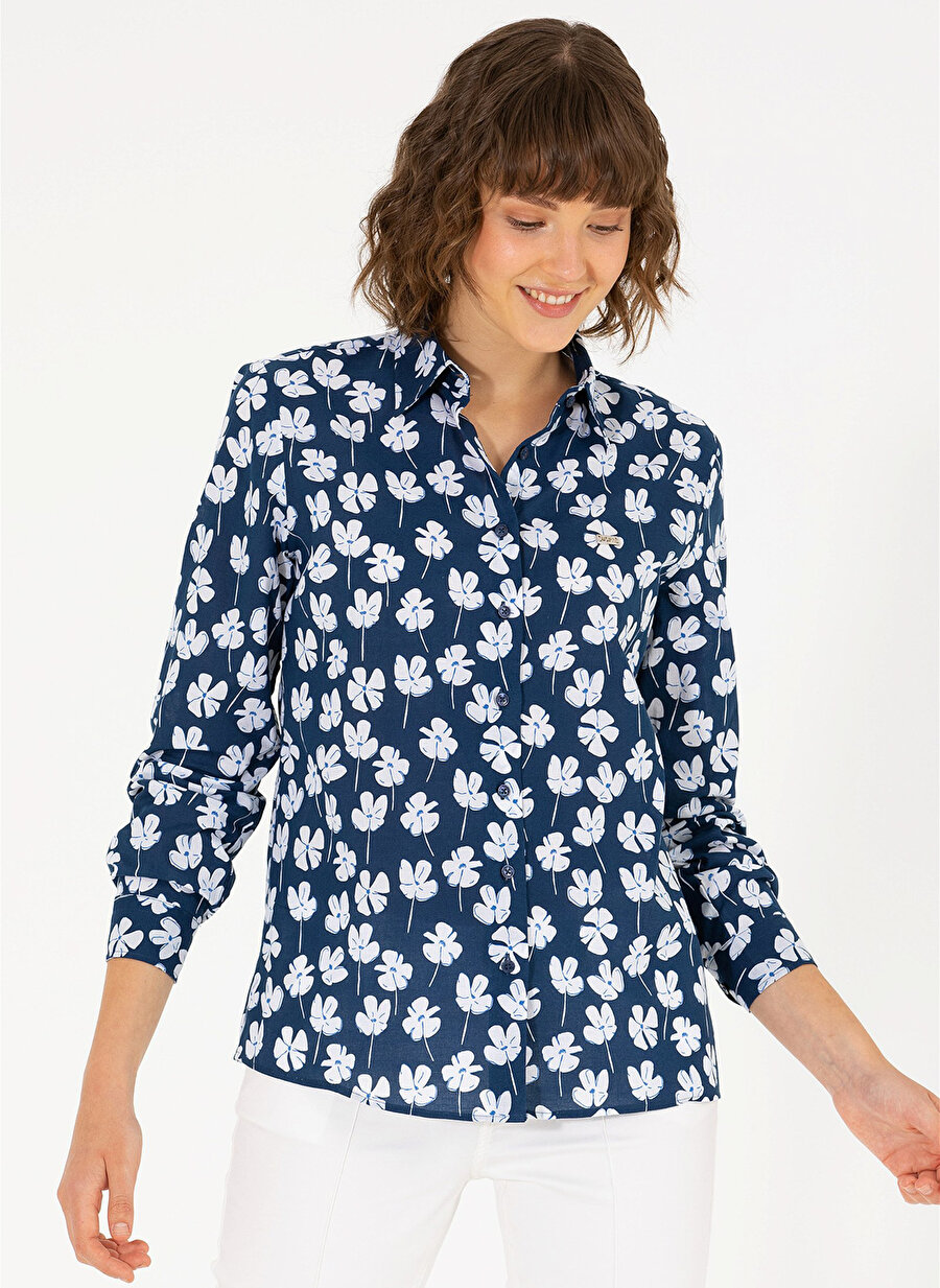 U.S. Polo Assn. Regular Fit Gömlek Yaka Çiçek Desenli Lacivert Kadın Gömlek FLAVA