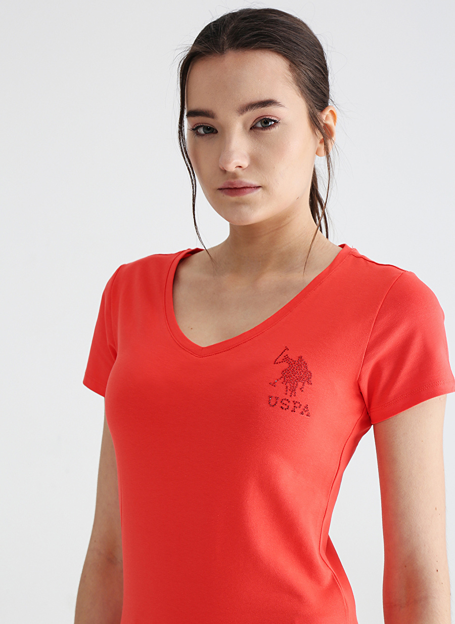 U.S. Polo Assn. V Yaka Düz Kırmızı Kadın T-Shirt TV0123_15