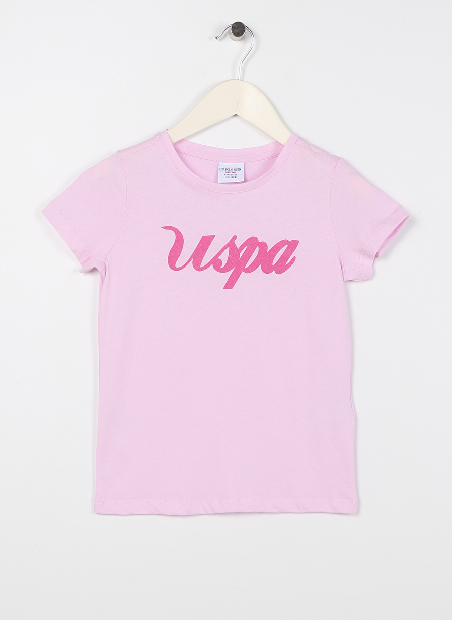 U.S. Polo Assn. Pembe Kız Çocuk Bisiklet Yaka Kısa Kollu Baskılı T-Shirt RAIN-IY23