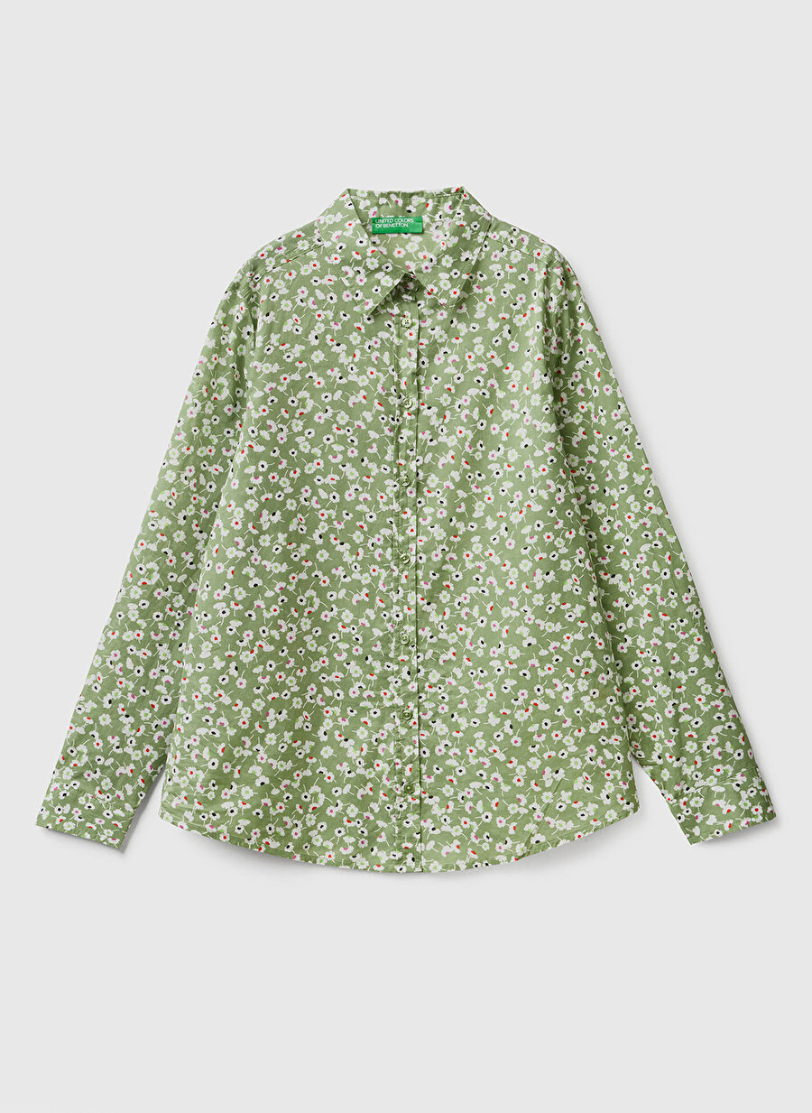 Benetton Gömlek Yaka Desenli Koyu Yeşil Kadın Gömlek 5OA95Q8U4