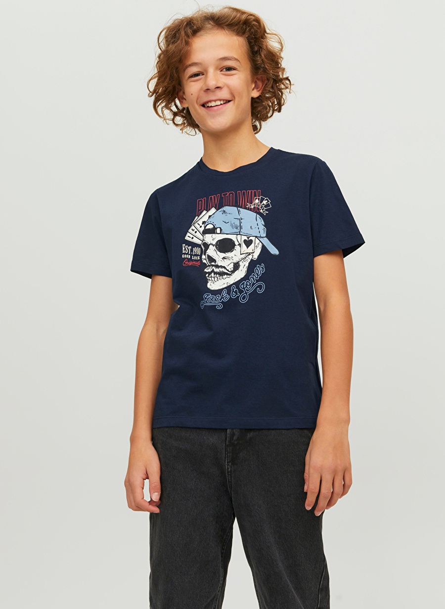 Jack & Jones Lacivert Erkek Çocuk Bisiklet Yaka Yarım Kollu Desenli T-Shirt 12230630