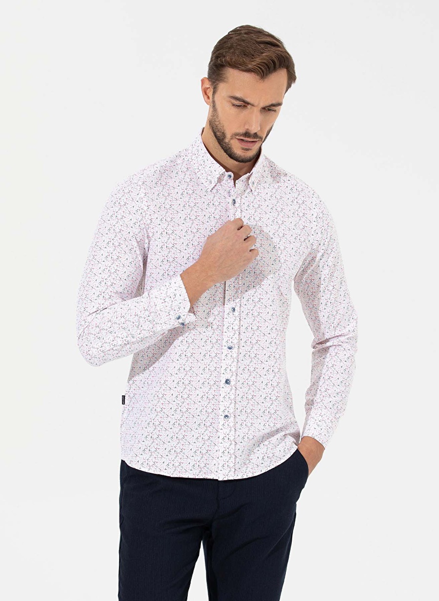 Pierre Cardin Slim Fit Düğmeli Yaka Baskılı Kırmızı Erkek Gömlek BEGONIA