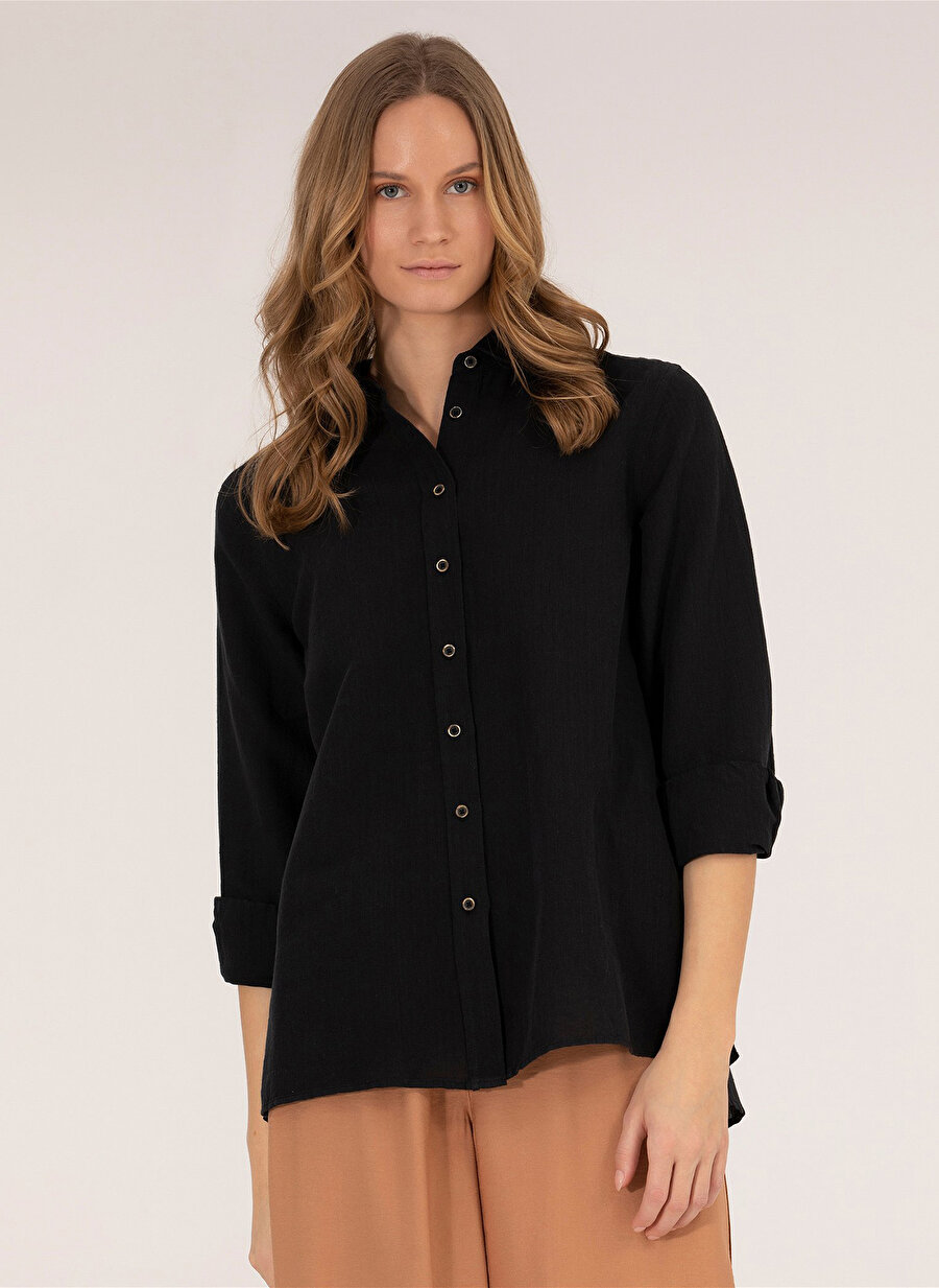 Pierre Cardin Comfort Fit Gömlek Yaka Düz Siyah Kadın Gömlek KETO
