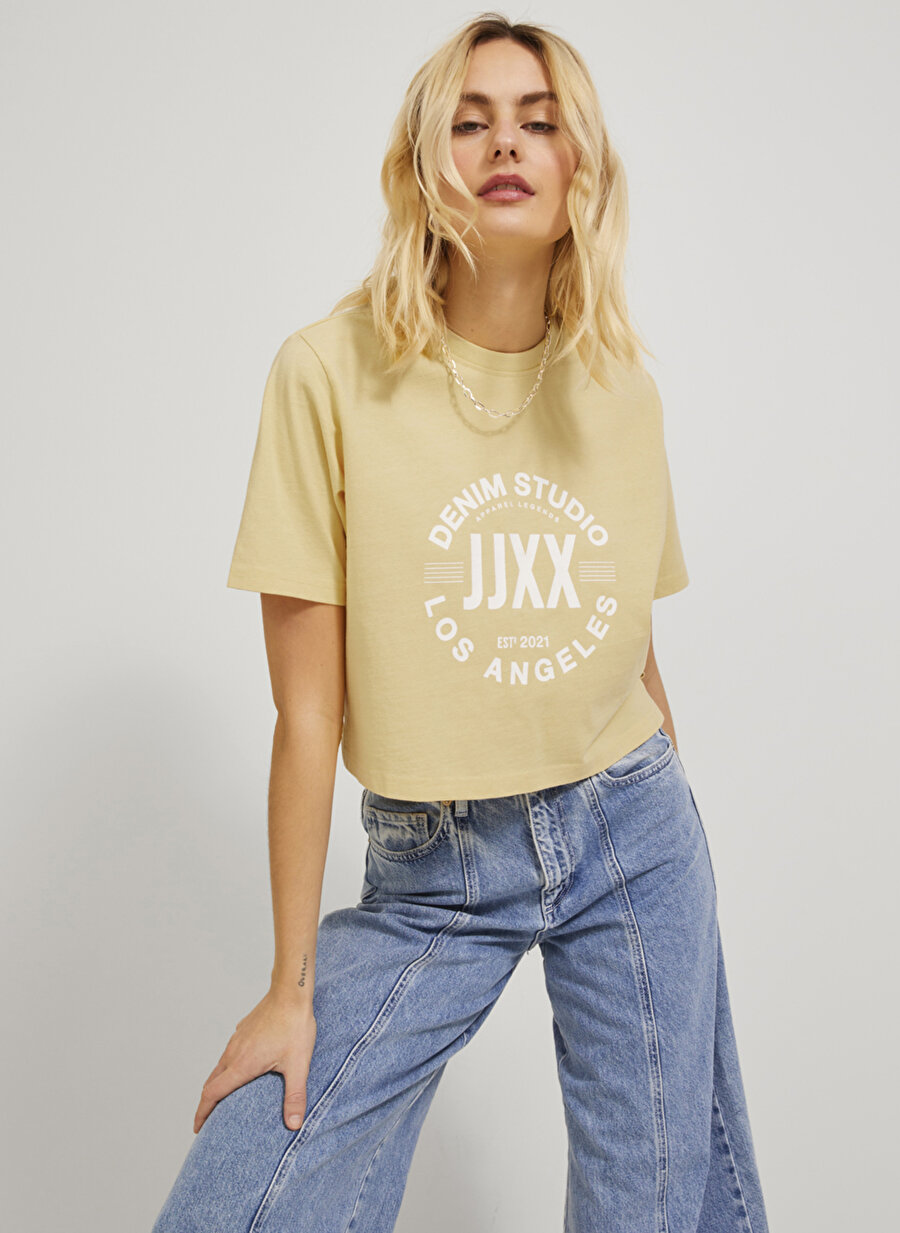JJXX Bisiklet Yaka Baskılı Sarı Kadın T-Shirt 12200326