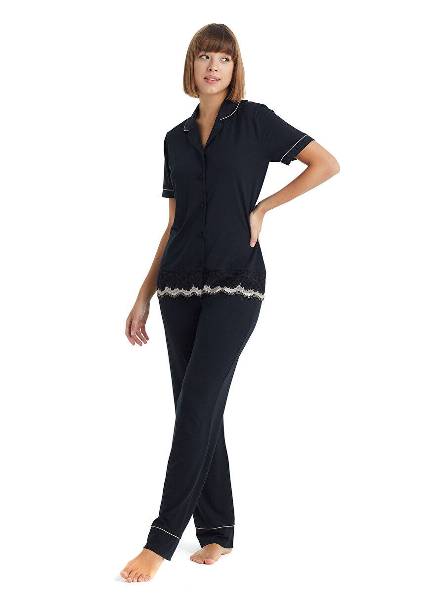 Blackspade Gömlek Yaka Düz Siyah Kadın Pijama Takımı 51004