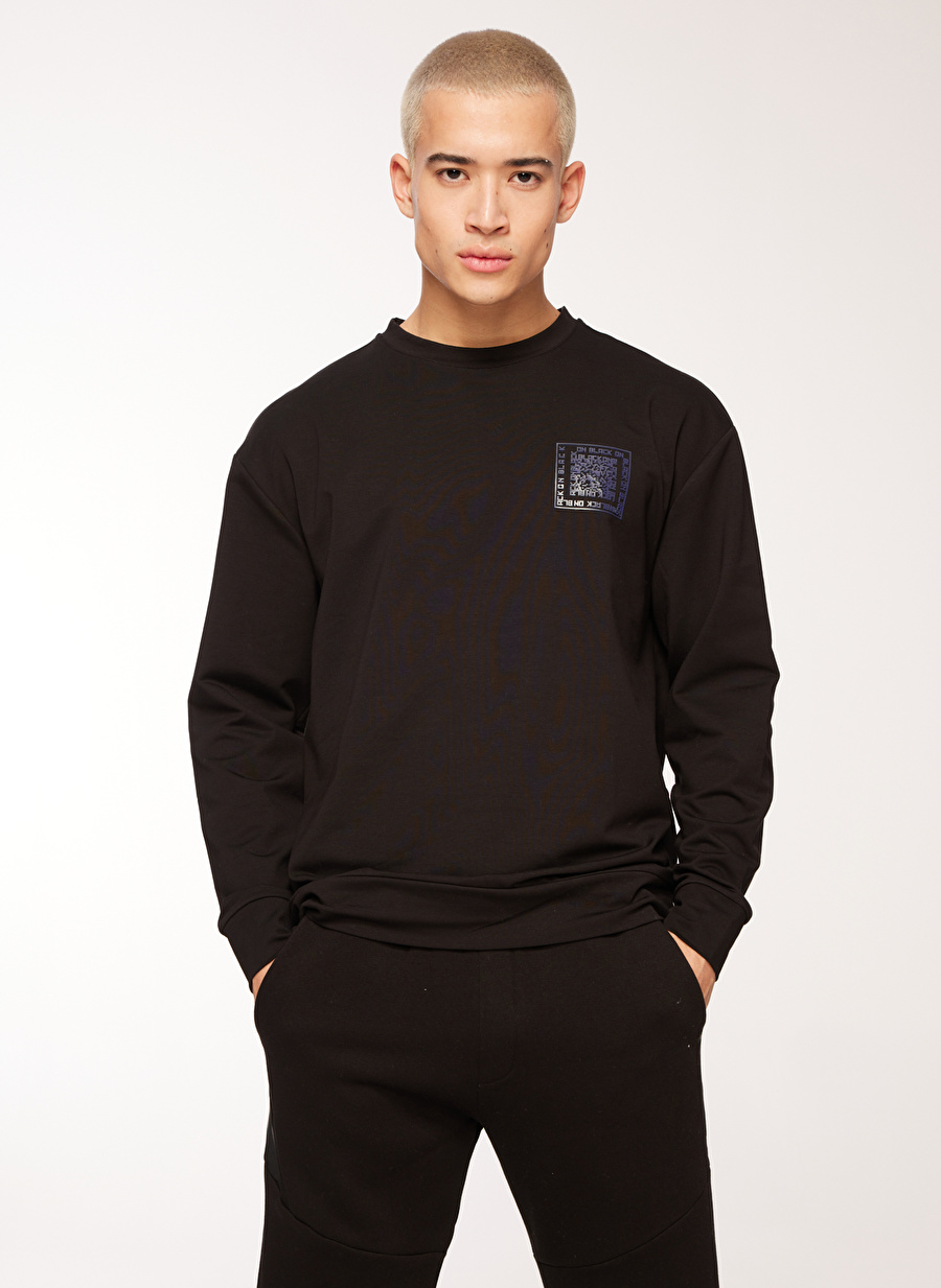 Black On Black Siyah Baskılı Erkek Bisiklet Yaka Loose Fit Sweatshirt B3WM-SWT66 _2