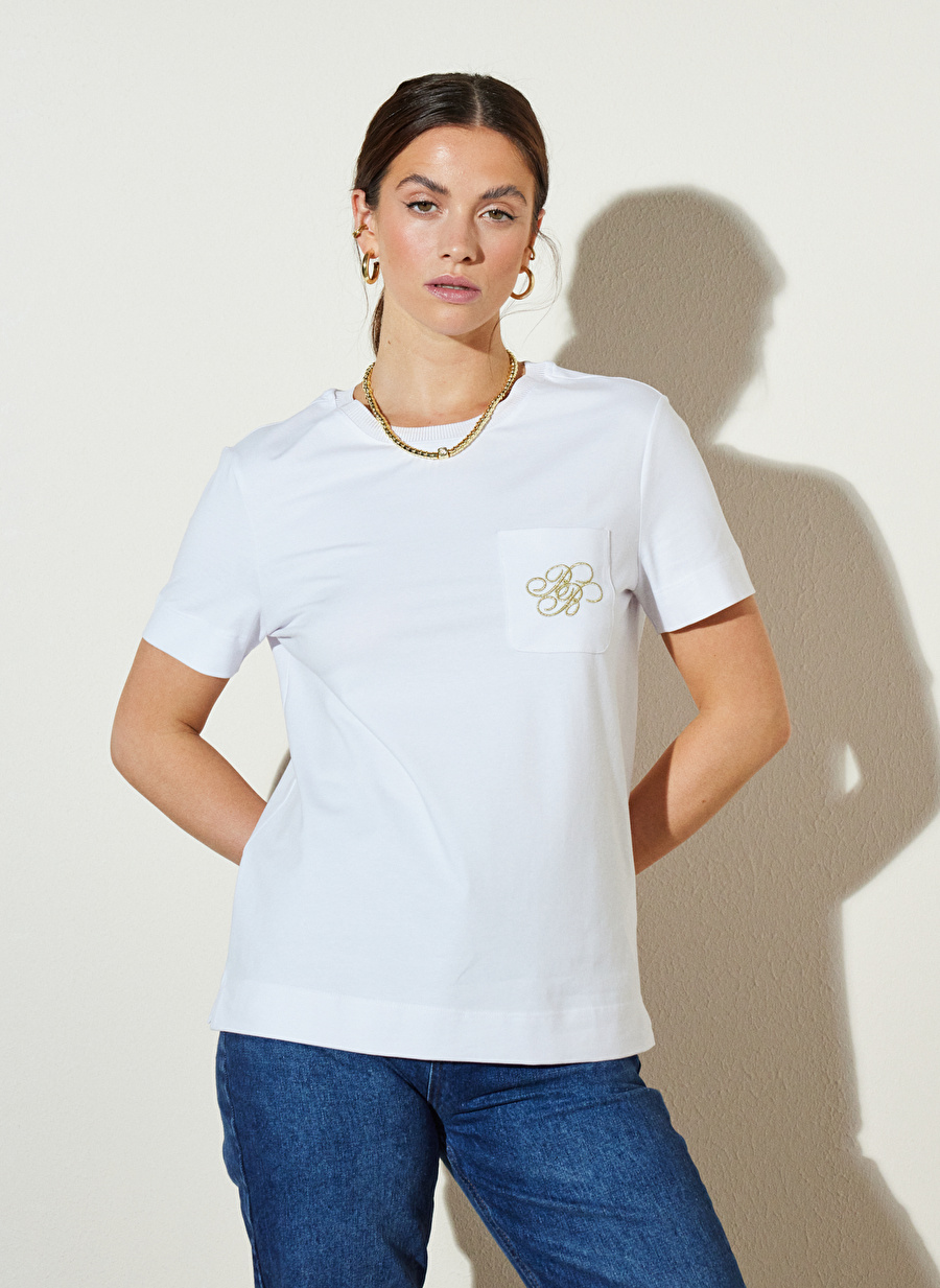 Brooks Brothers Bisiklet Yaka Beyaz Kadın T-Shirt BBSP23FTS014