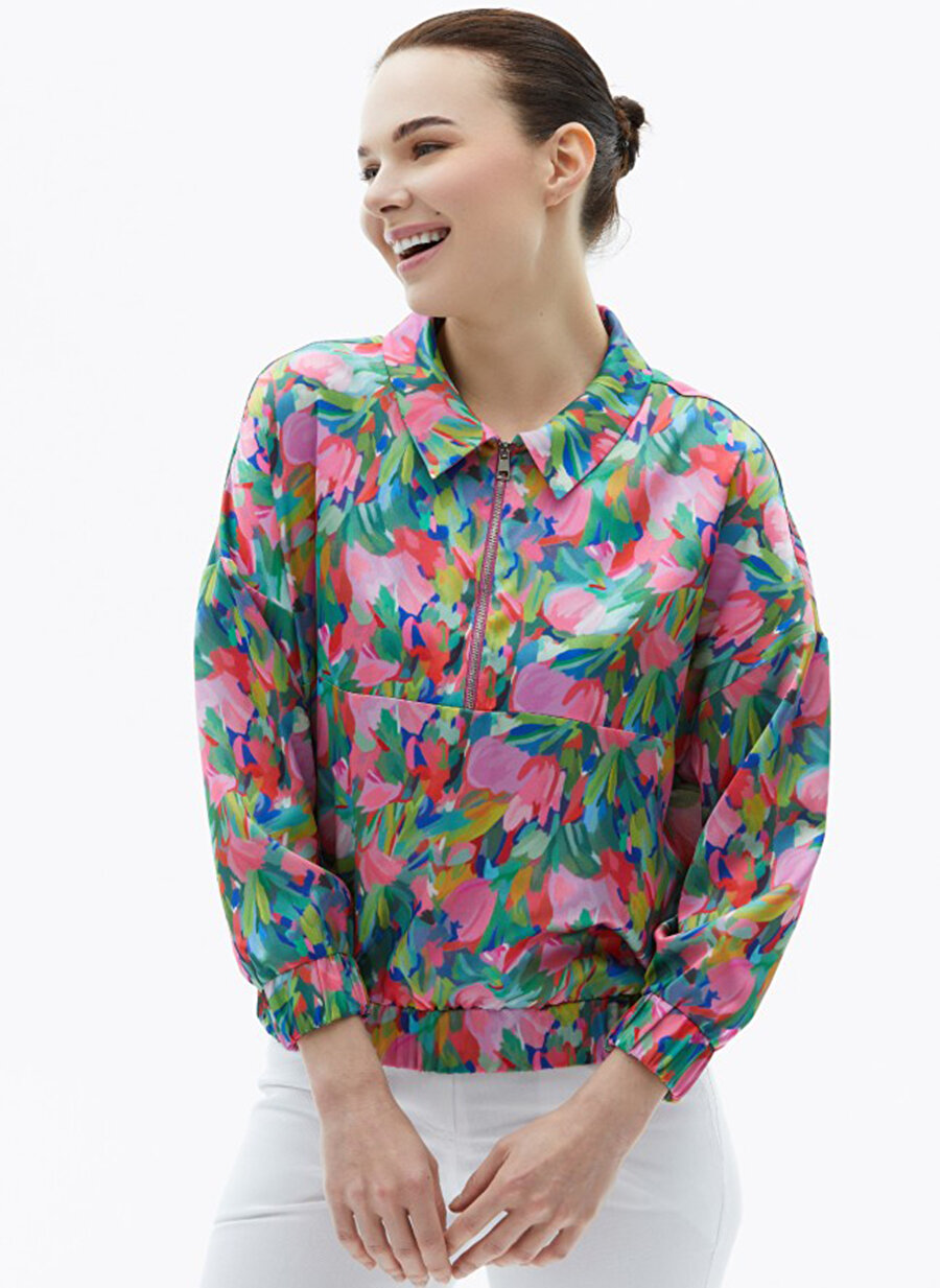 Selen Gömlek Yaka Emprime Fuşya Kadın Bluz 23YSL8533