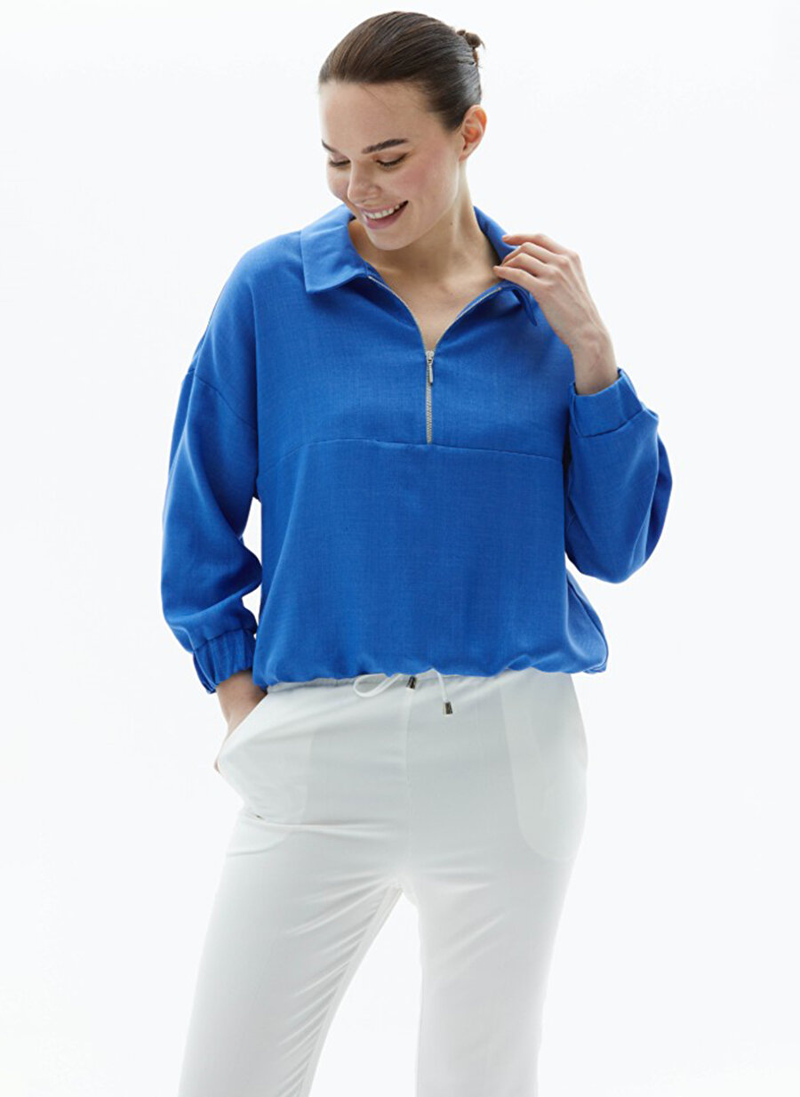 Selen Polo Yaka Düz Mavi Kadın Bluz 23YSL8535