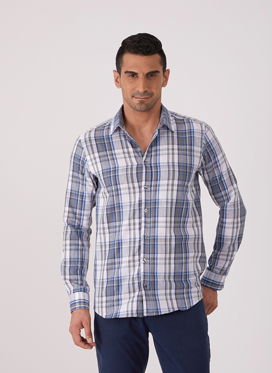 Dufy Slim Fit Düğmeli Yaka Mavi Erkek Gömlek DU1222013007