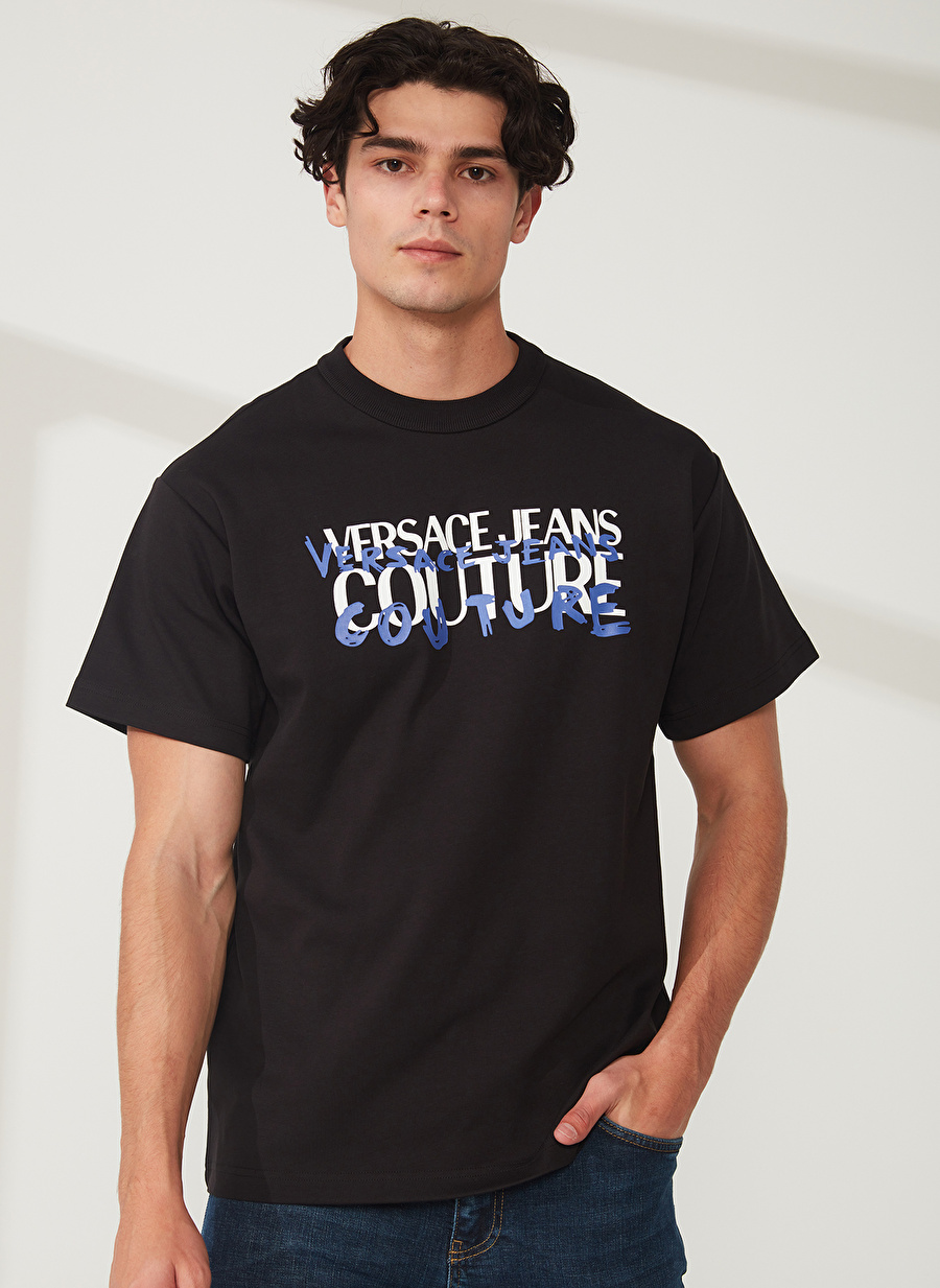 Versace Jeans Couture Bisiklet Yaka Siyah Erkek T-Shirt 74GAHF02CJ01F899