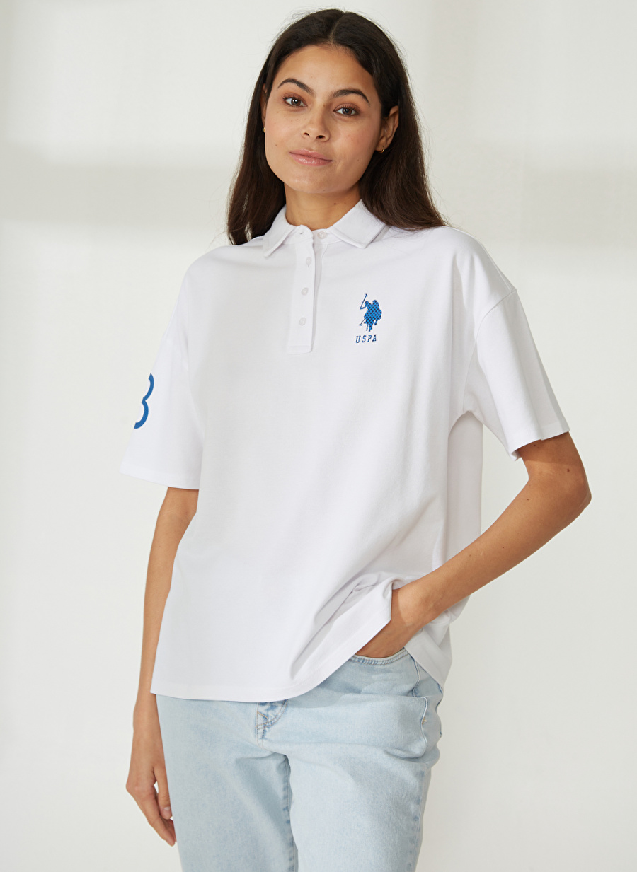 U.S. Polo Assn. Polo Yaka Baskılı Beyaz Kadın T-Shirt P-MERCAN-T