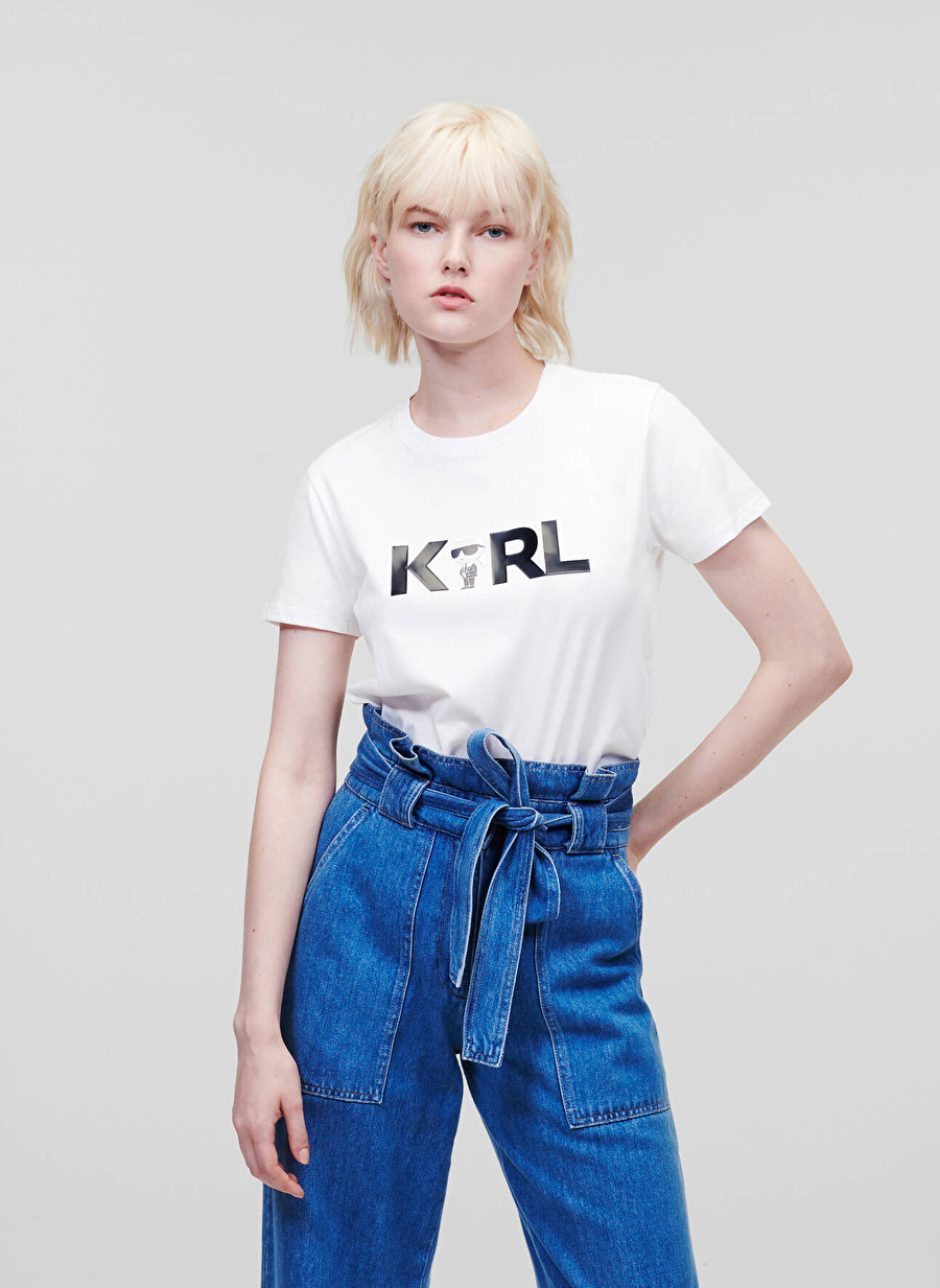 KARL LAGERFELD Bisiklet Yaka Baskılı Beyaz Kadın T-Shirt 230W1706