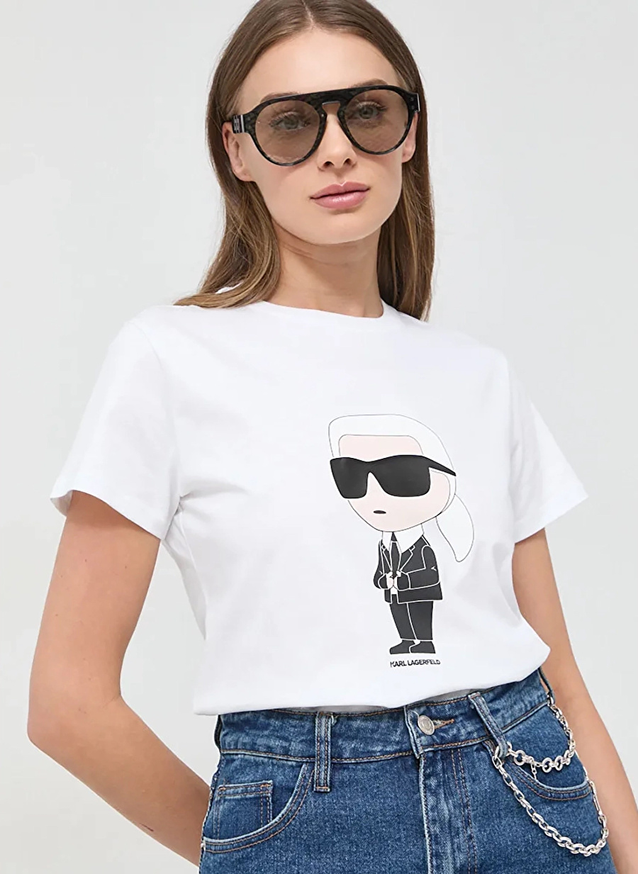 KARL LAGERFELD Bisiklet Yaka Baskılı Beyaz Kadın T-Shirt 230W1700