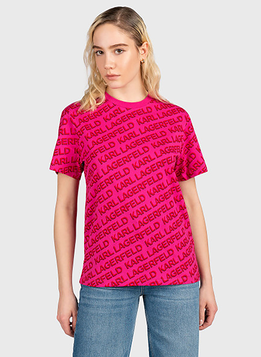 KARL LAGERFELD Bisiklet Yaka Desenli Koyu Pembe Kadın T-Shirt 231W1713