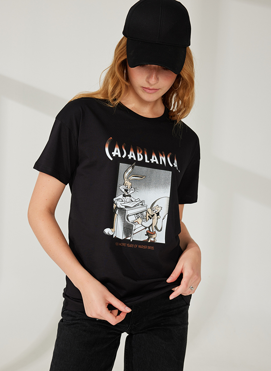 Never Say Never Looney Tunes Baskılı Siyah Kadın Oversized T-Shirt BYL2974