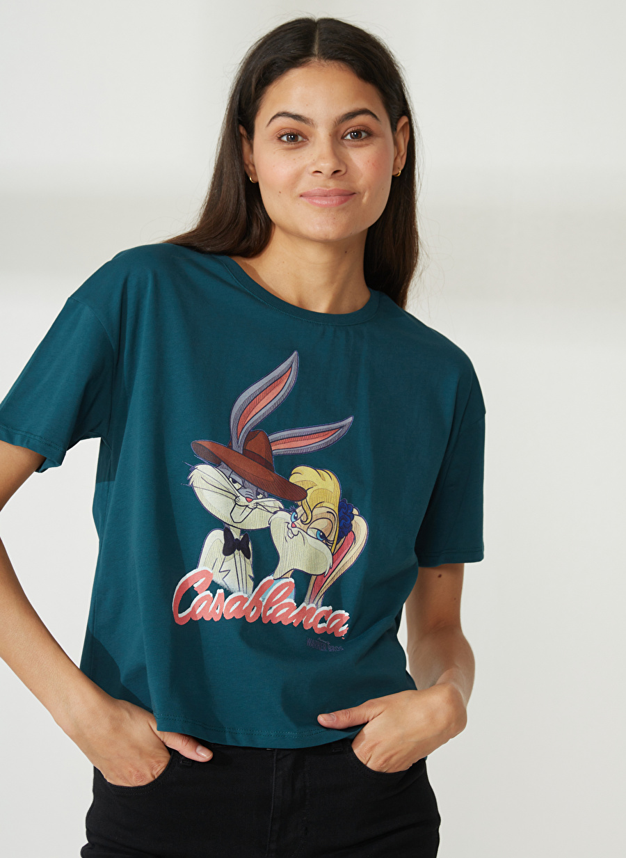 Never Say Never Looney Tunes Baskılı Koyu Yeşil Kadın T-Shirt BYL2971