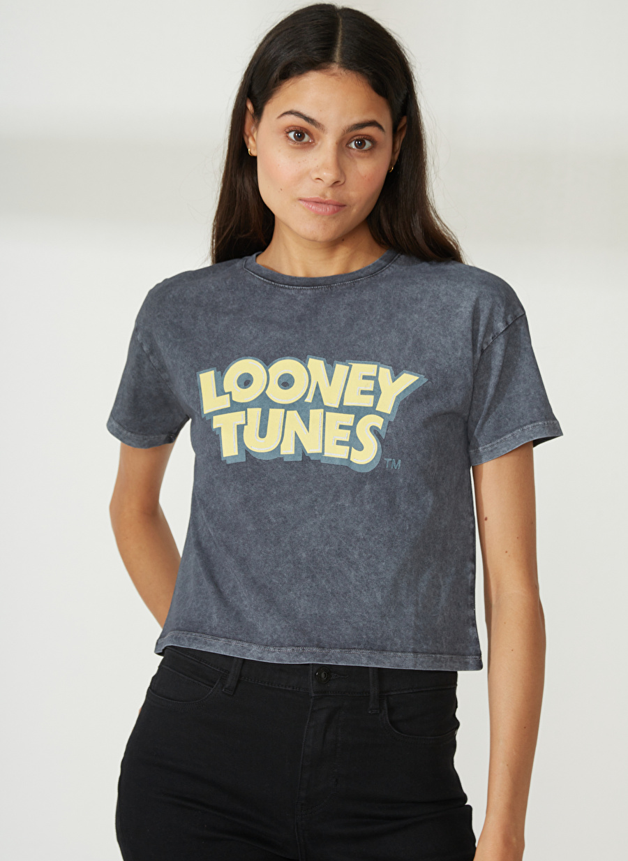 Never Say Never Looney Tunes Baskılı Antrasit Kadın Oversized T-Shirt BYL2981