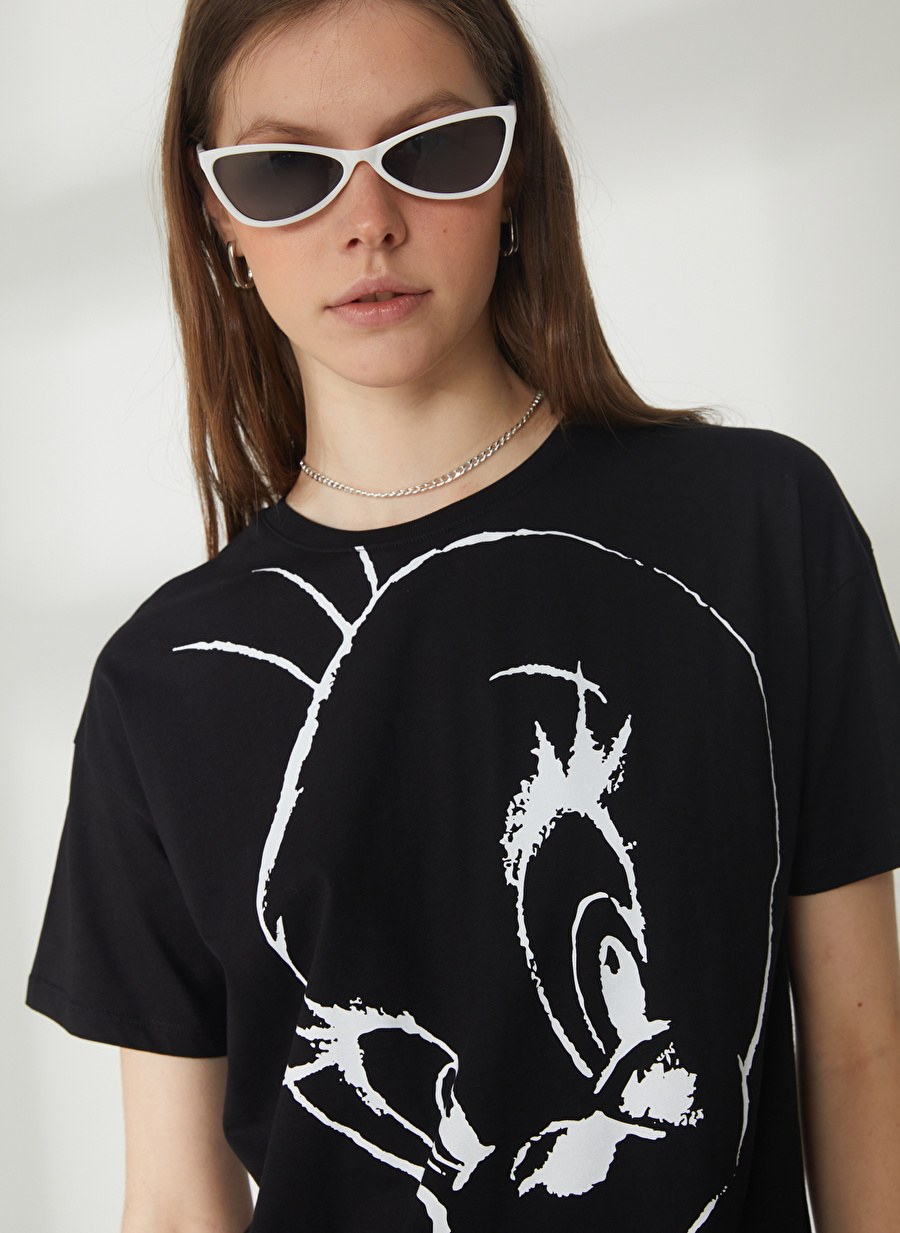 Never Say Never Looney Tunes Baskılı Siyah Kadın Oversized T-Shirt BYL2997