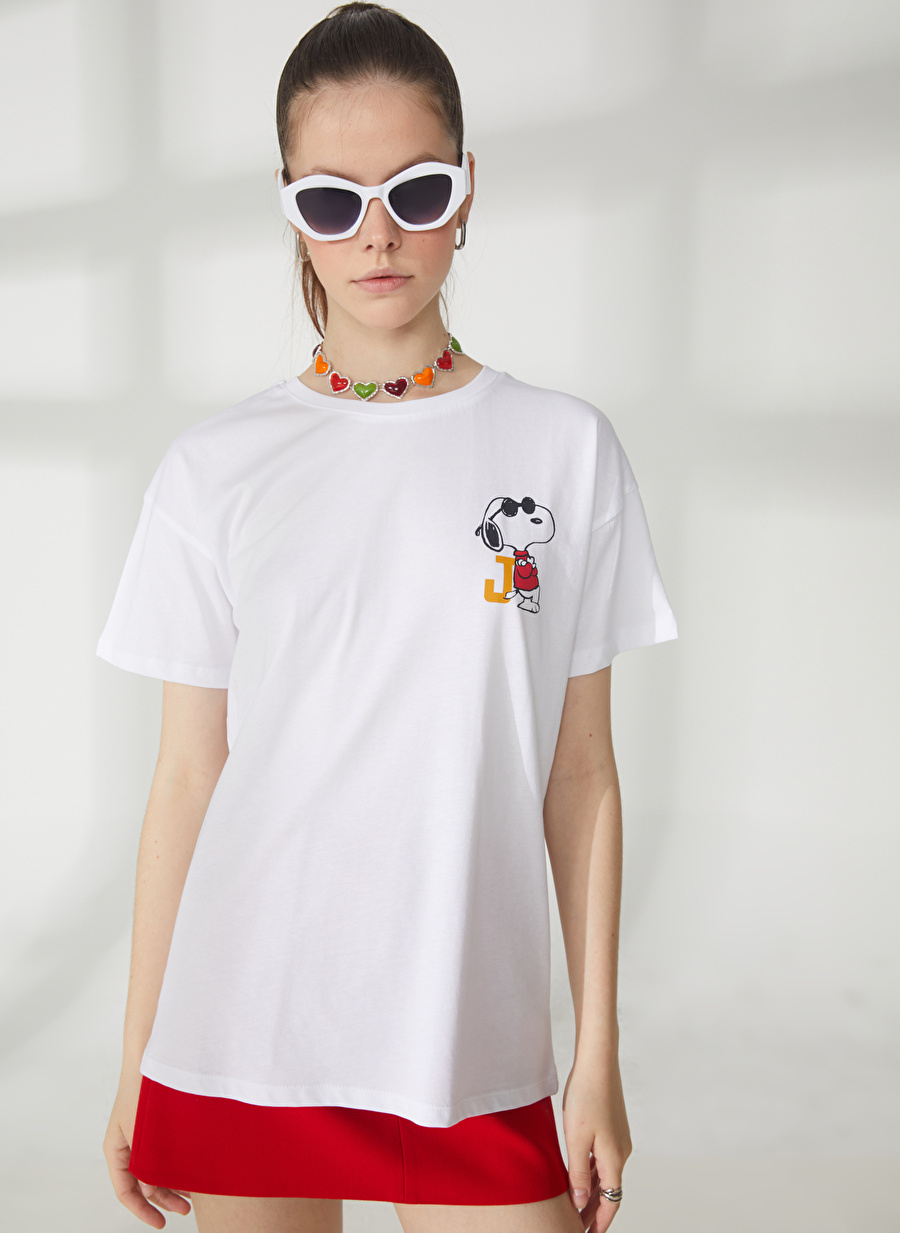 Never Say Never Snoopy Baskılı Beyaz Kadın Oversized T-Shirt BYL3011