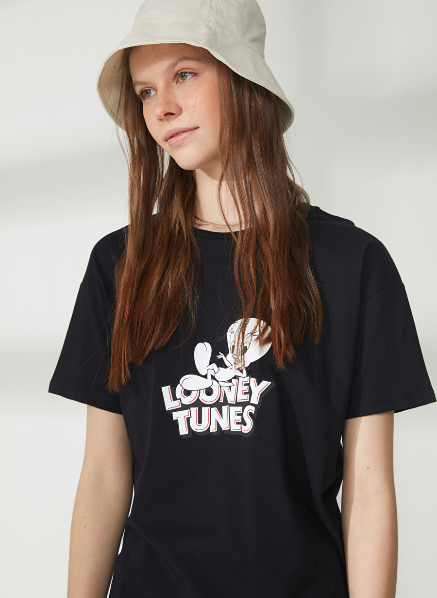 Never Say Never Looney Tunes Baskılı Siyah Kadın Oversized T-Shirt BYL3223