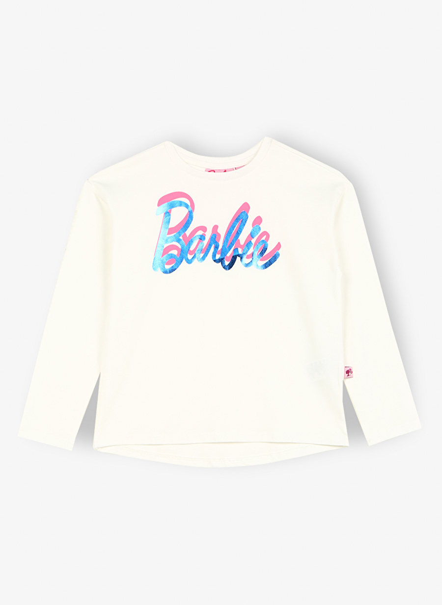 Barbie Ekru Kız Çocuk Bisiklet Yaka Düşük Omuzlu Oversize Baskılı T-Shirt BRB3WG-TST4